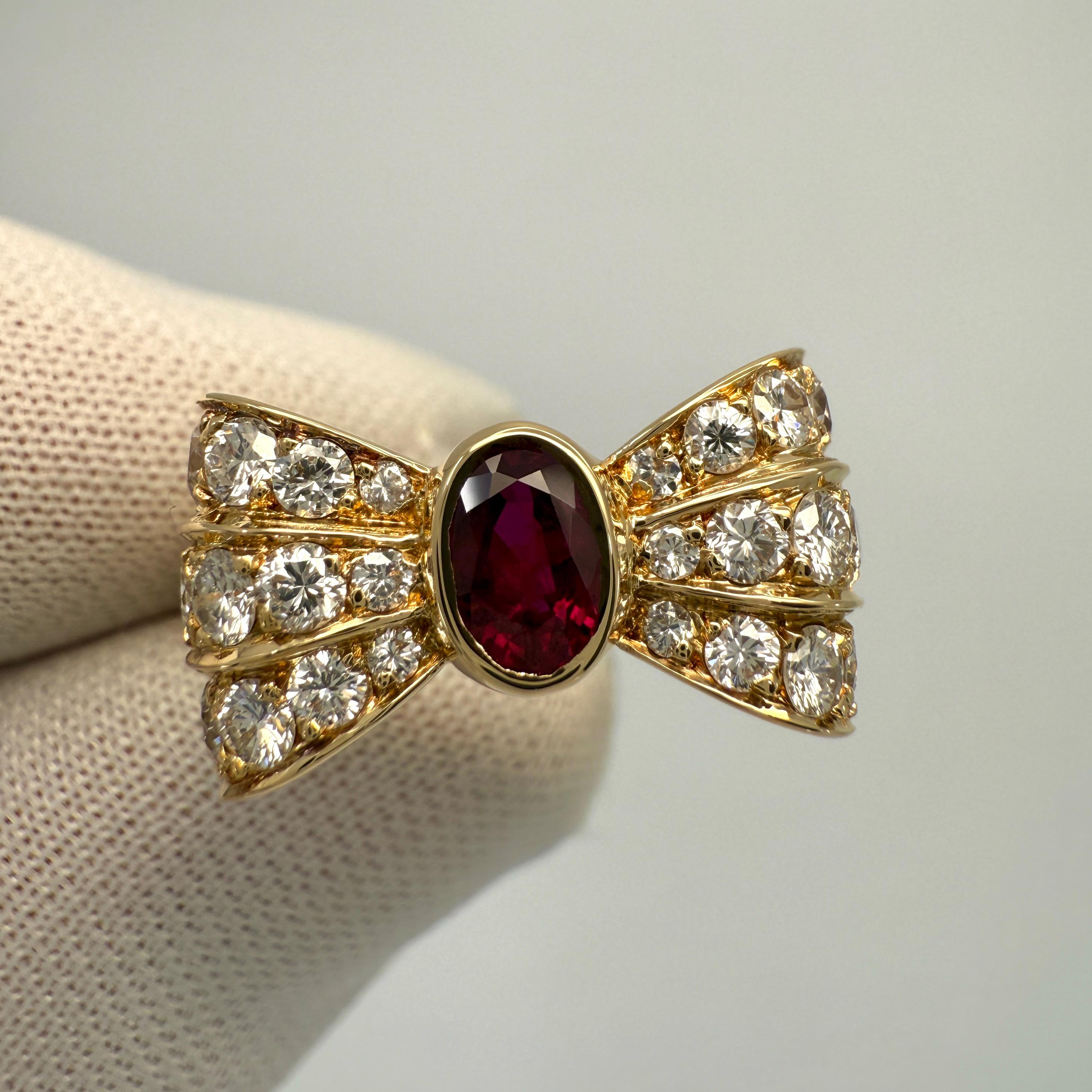 Rare Vintage Mauboussin Deep Red Ruby & Diamond 18k Yellow Gold Bow Ribbon Ring For Sale 3