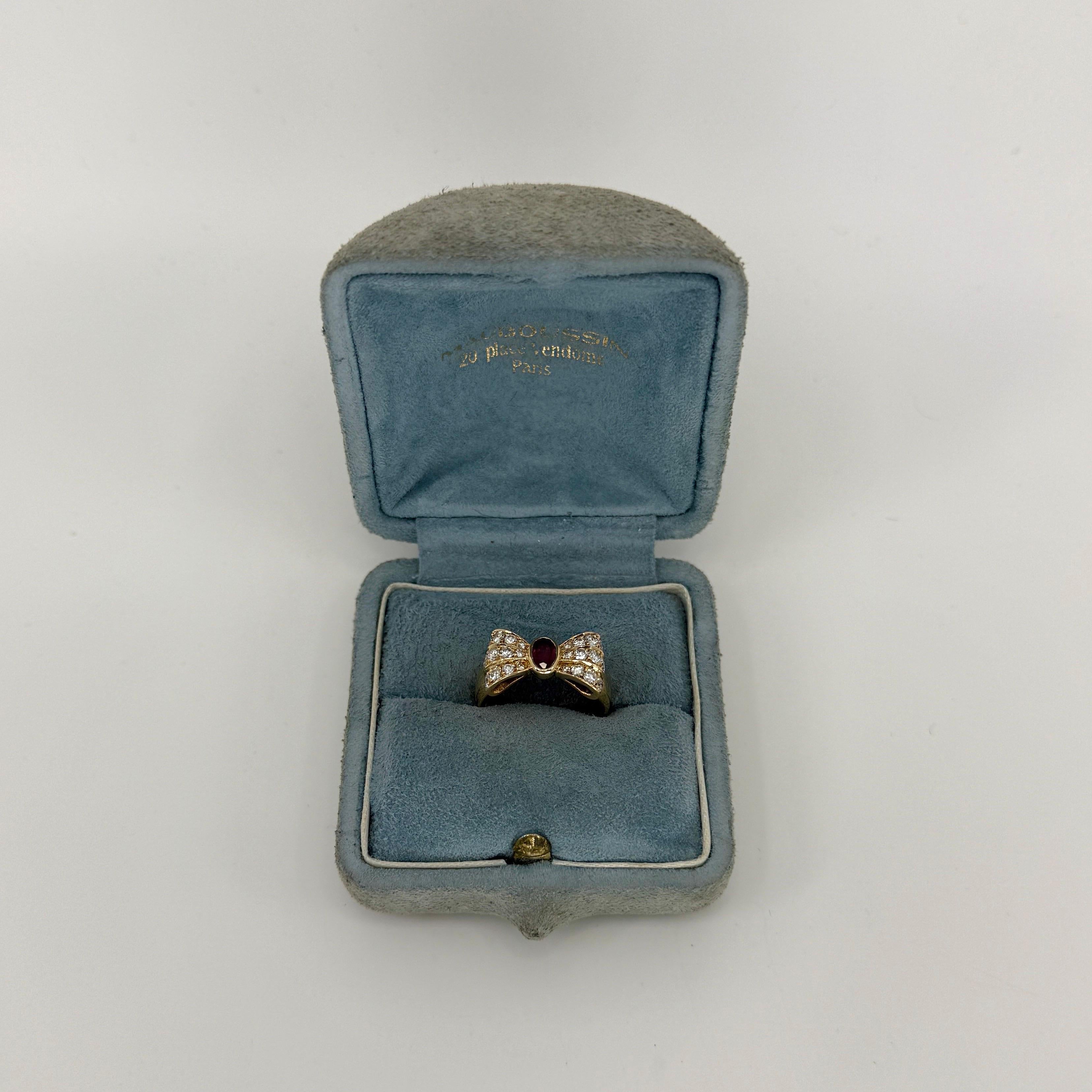 Rare Vintage Mauboussin Deep Red Ruby & Diamond 18k Yellow Gold Bow Ribbon Ring For Sale 4
