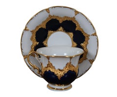 Rare Vintage Meissen Mocha B-Form Porcelain Teacup & Saucer Cobalt Blue & Gold