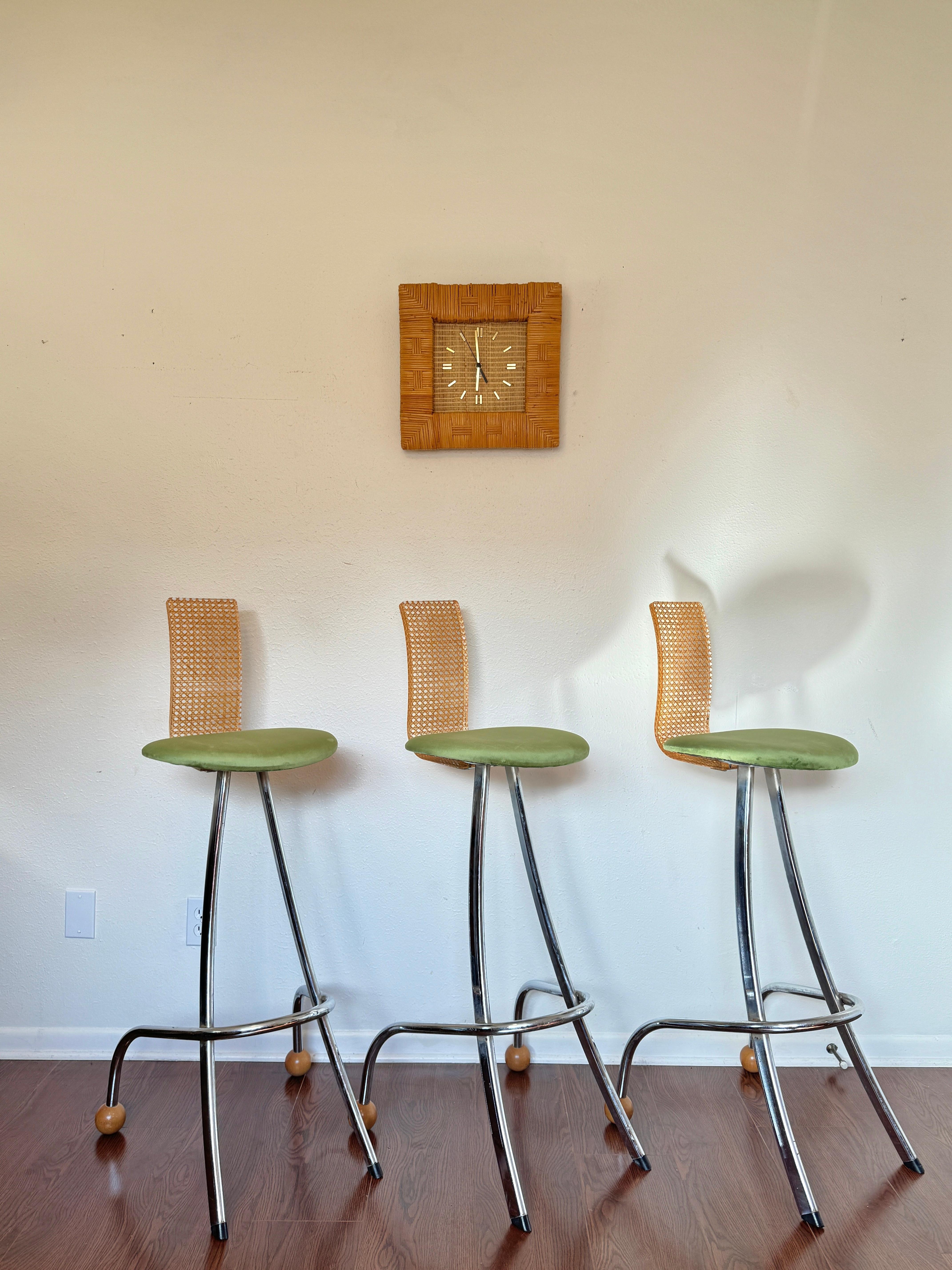 Rare vintage Memphis style French bar stools by Miriam, circa 1990s. Recently reupholstered with a faux velvet, and in very good condition. 

42.5” H x 18” W x 17” D 
Sea height, 31.5”
