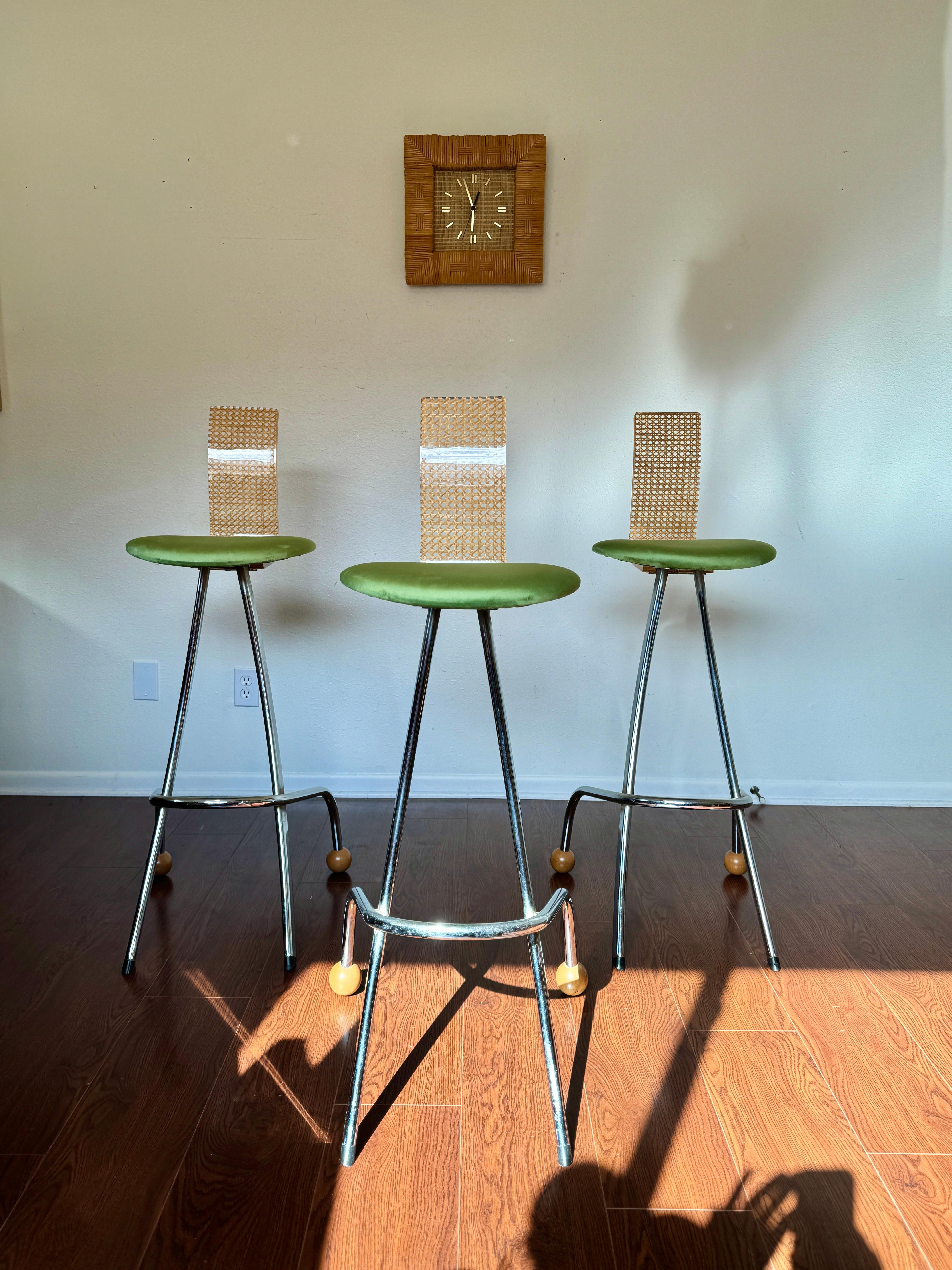 Velvet Rare vintage Memphis style French bar stools by Miriam, circa 1990s For Sale