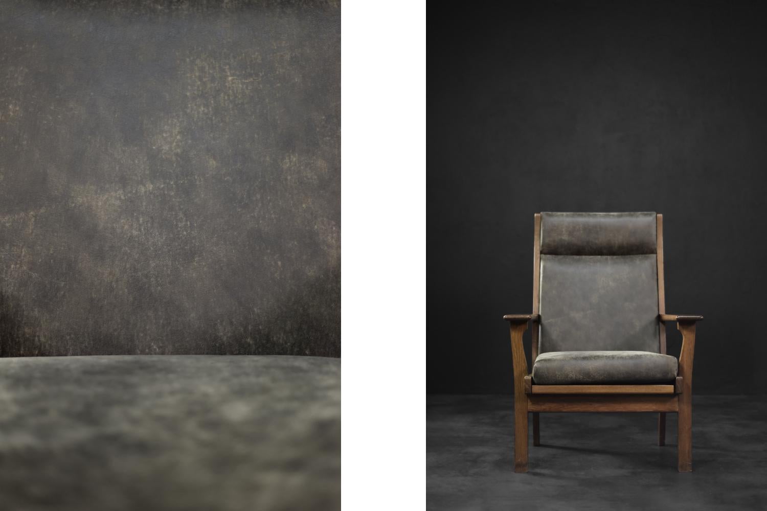 Dieser seltene Sessel GE-181-A wurde in den 1950er Jahren von Hans J. Wegner für die dänische Getama-Fabrik entworfen. Der ergonomische Rahmen ist aus hochwertigem Eichenholz in einer dunklen und intensiven Farbe gefertigt. Die Rückenlehne und die