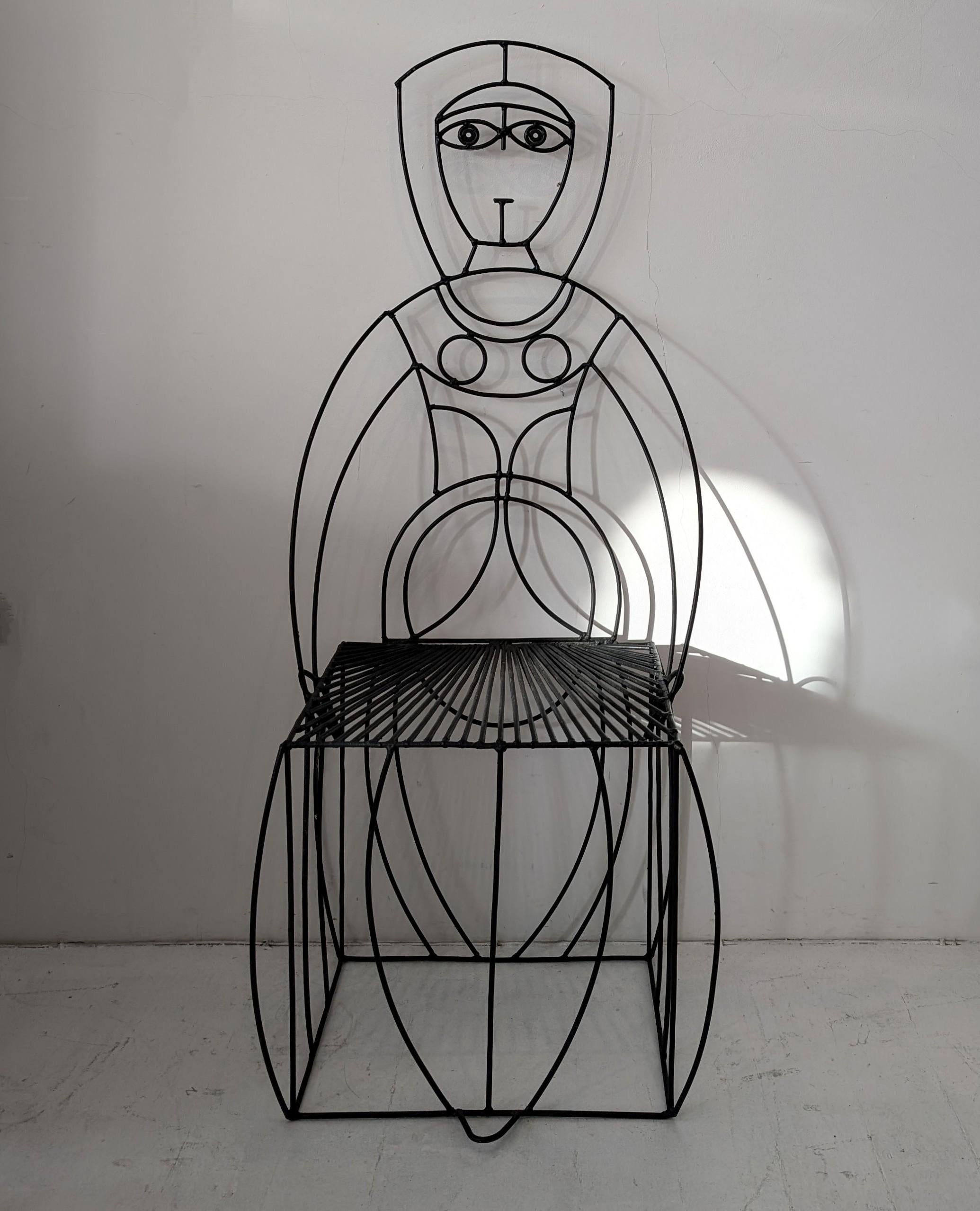 Rare whimsical mid century figural chair by John Risley, USA 1960s. Great as a sculptural accent.
Black steel in the form of a rather demure lady