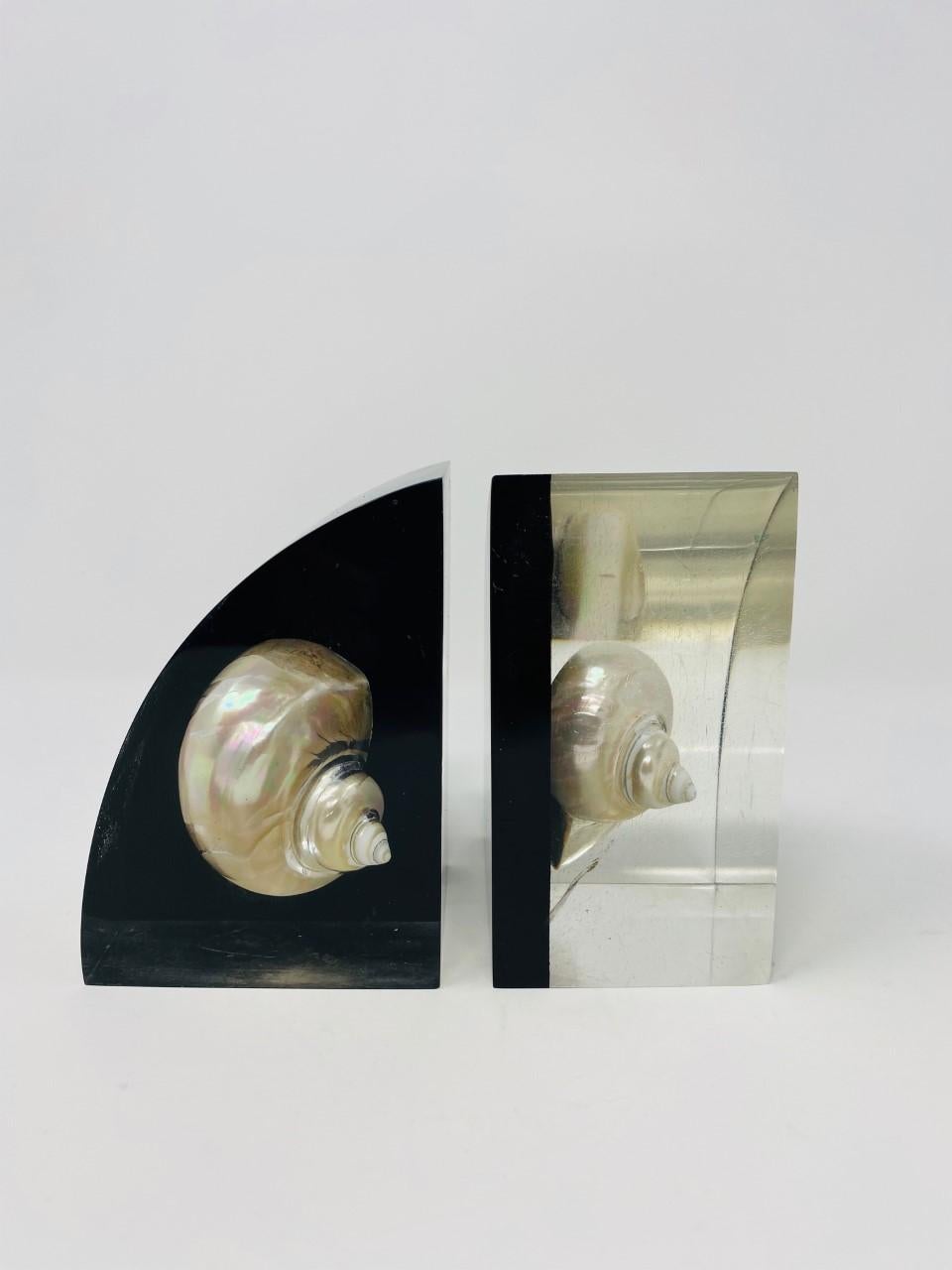 Mid-Century Modern Rare Vintage Mid Century Lucite Bookends with Embedded Sea Shells For Sale
