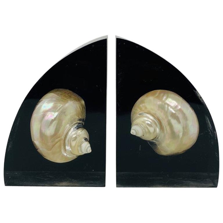 Raros sujetalibros vintage de Lucite de mediados de siglo con conchas marinas incrustadas