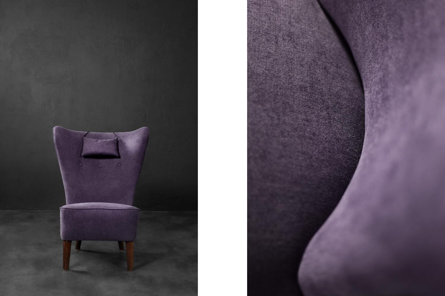 Rare Vintage Mid-Century Scandinavian Modern Oak&Purple Fabric High Wing Chair For Sale 4