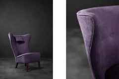 Rare Vintage Mid-Century Scandinavian Modern Oak&Purple Fabric High Wing Chair