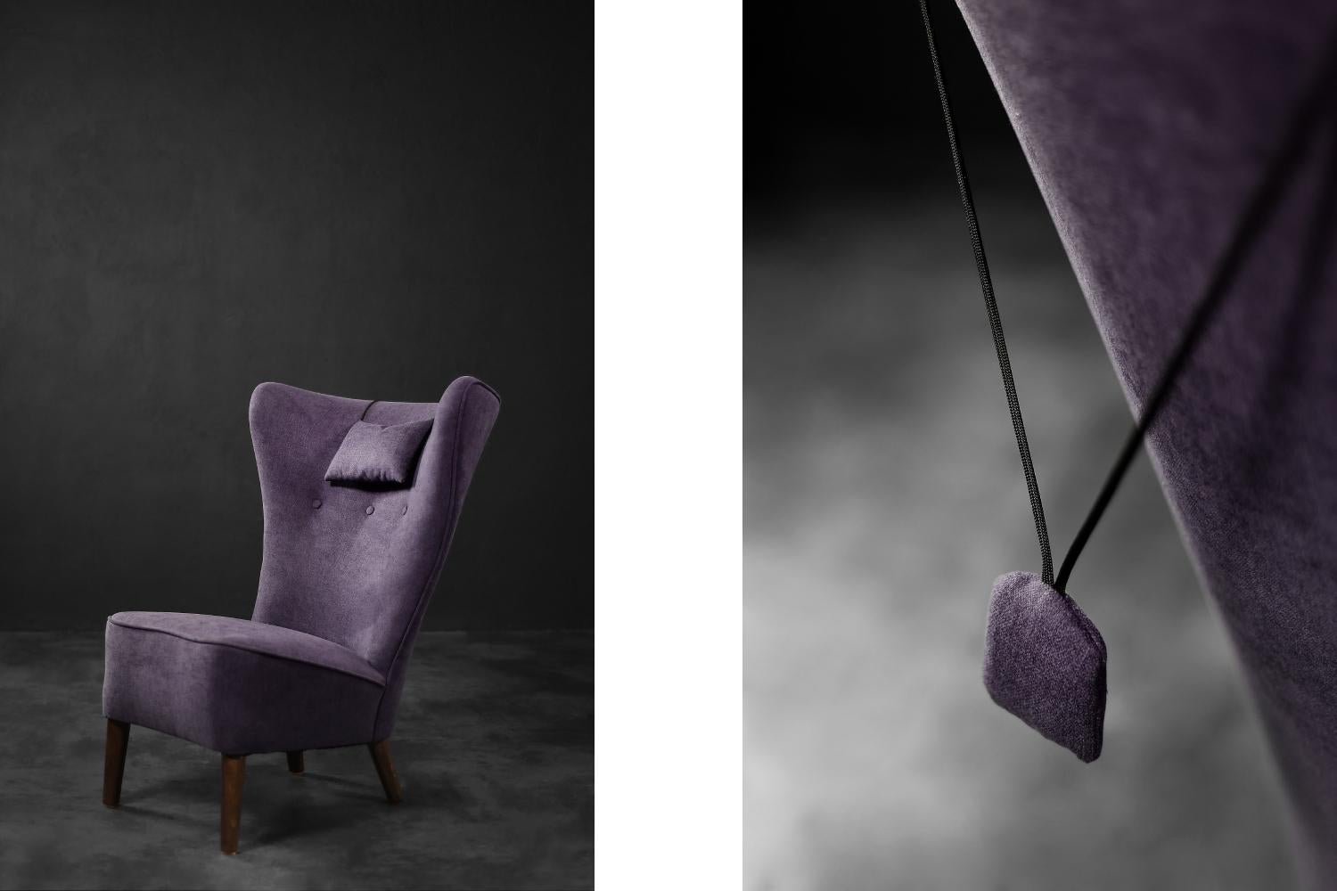 Mid-Century Modern Rare Vintage Mid-Century Scandinavian Modern Oak&Purple Fabric High Wing Chair For Sale