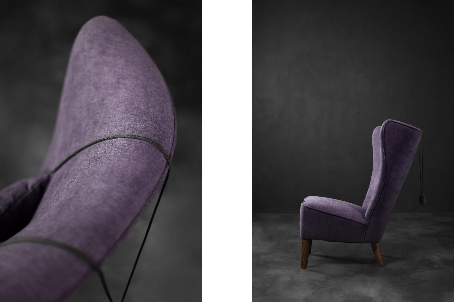 Danish Rare Vintage Mid-Century Scandinavian Modern Oak&Purple Fabric High Wing Chair For Sale