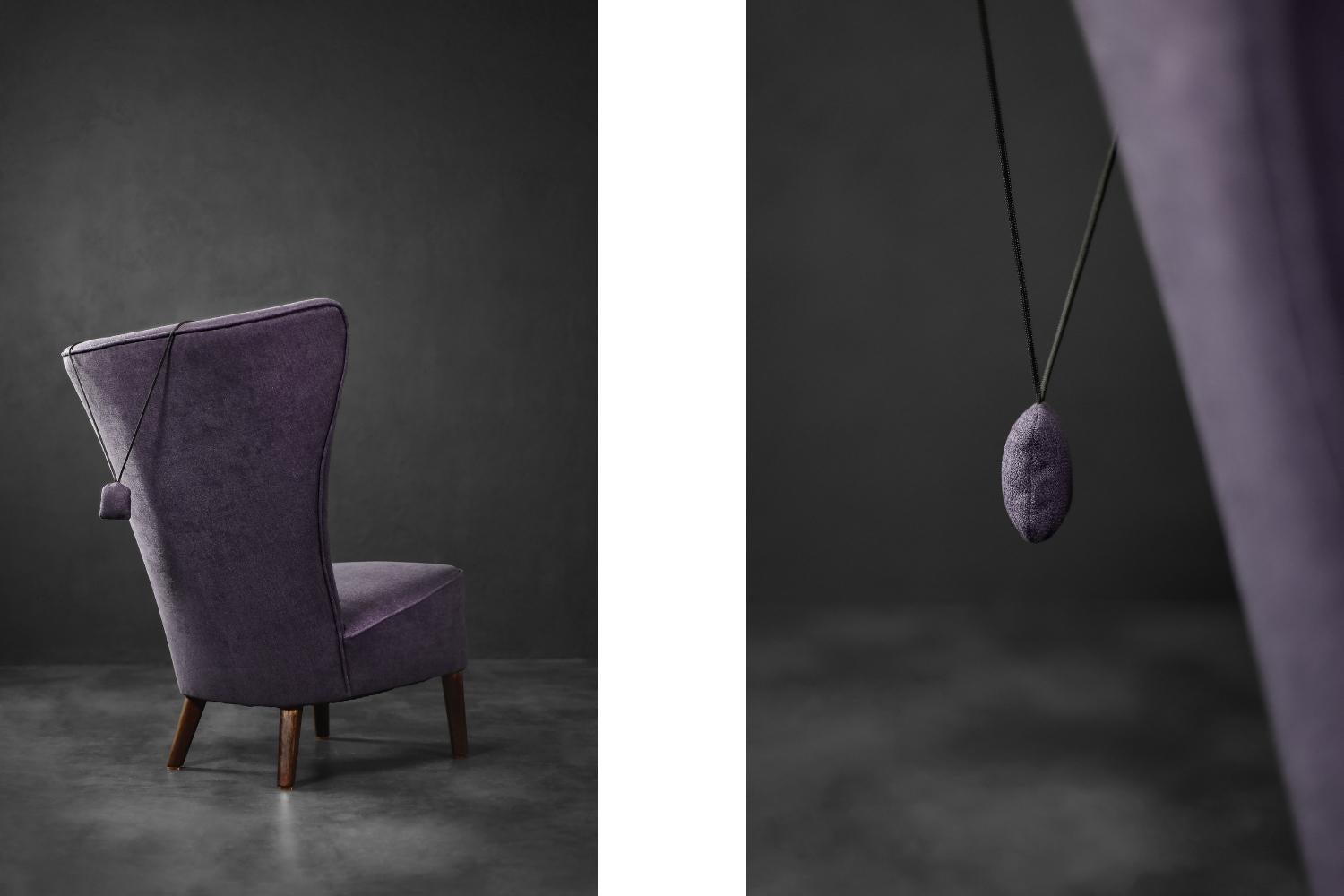 Mid-20th Century Rare Vintage Mid-Century Scandinavian Modern Oak&Purple Fabric High Wing Chair For Sale