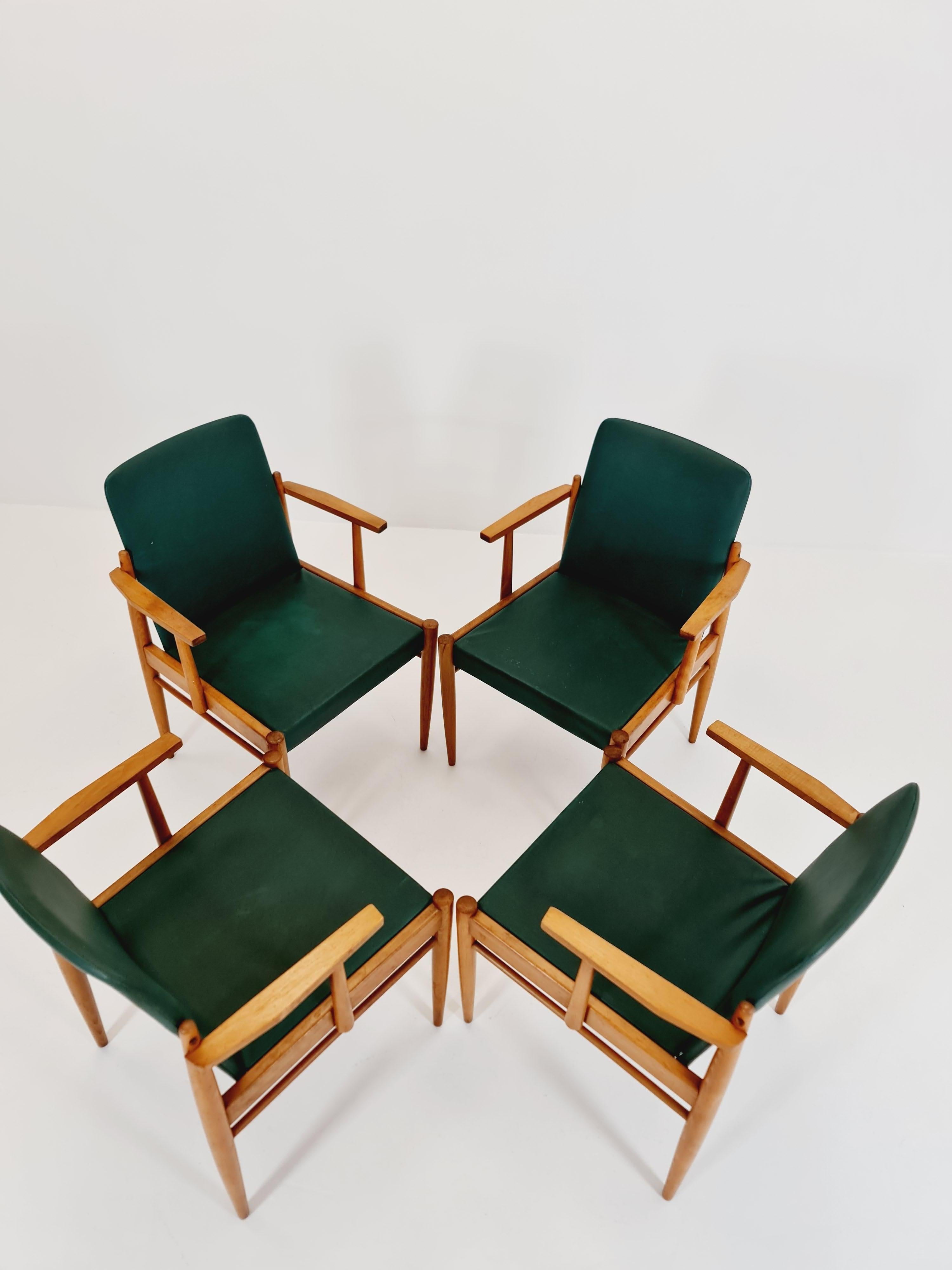 Raro Vintage de mediados de siglo alemán haya Sillón conjunto de 4 , 1950s Haya en venta