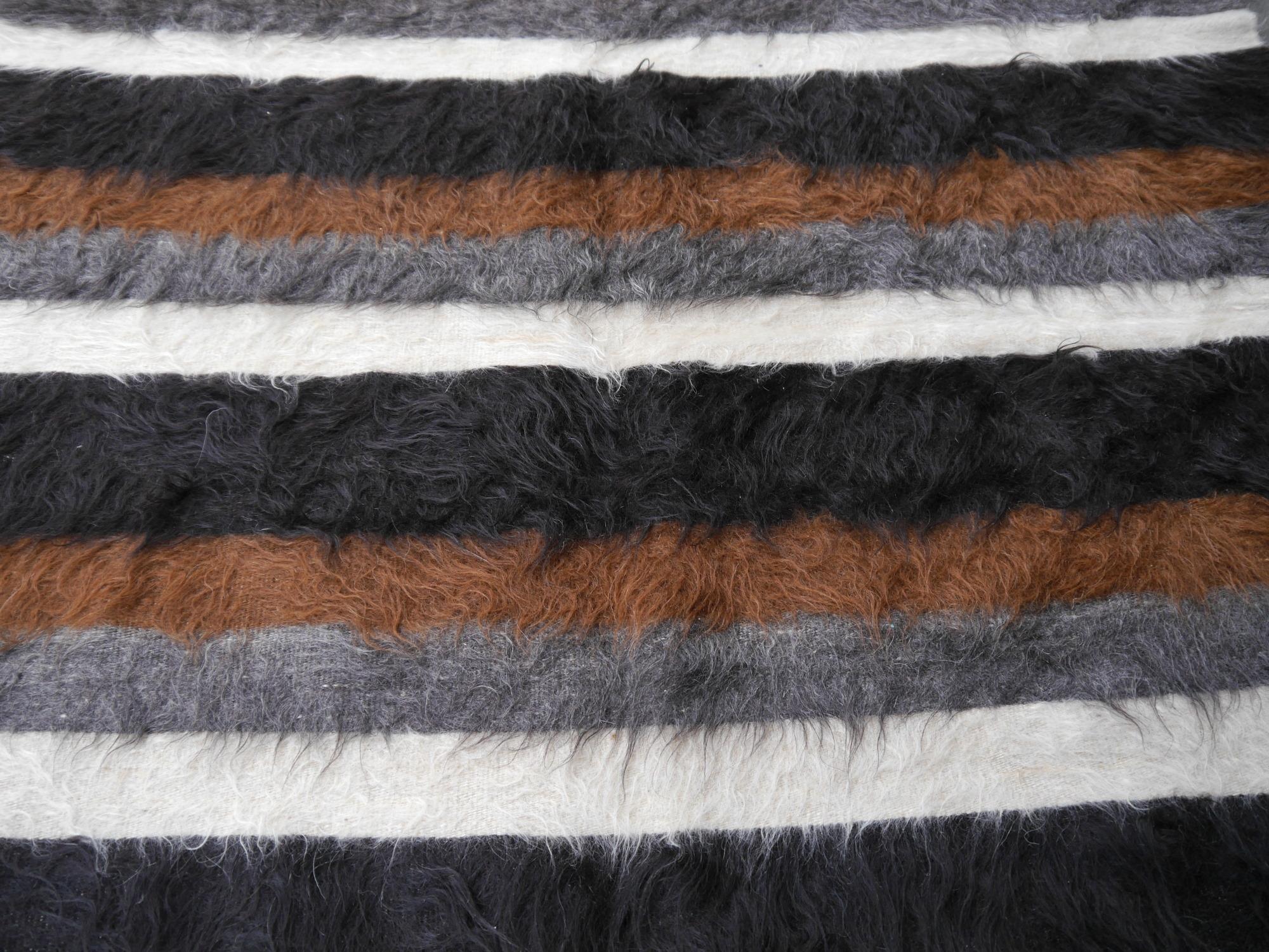Tribal Rare Vintage Mohair Blanket Kilim Rug Turkey Beige Brown Grey Black For Sale