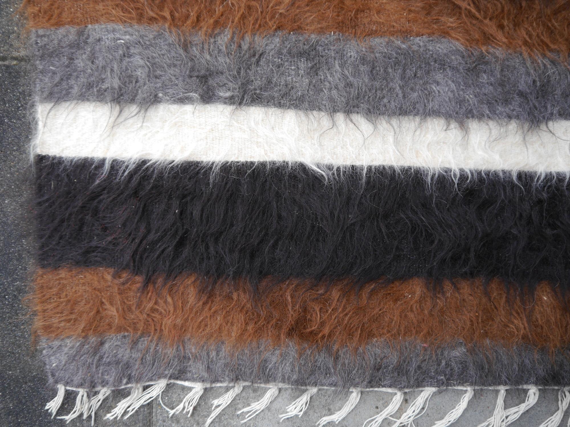 Turkish Rare Vintage Mohair Blanket Kilim Rug Turkey Beige Brown Grey Black For Sale