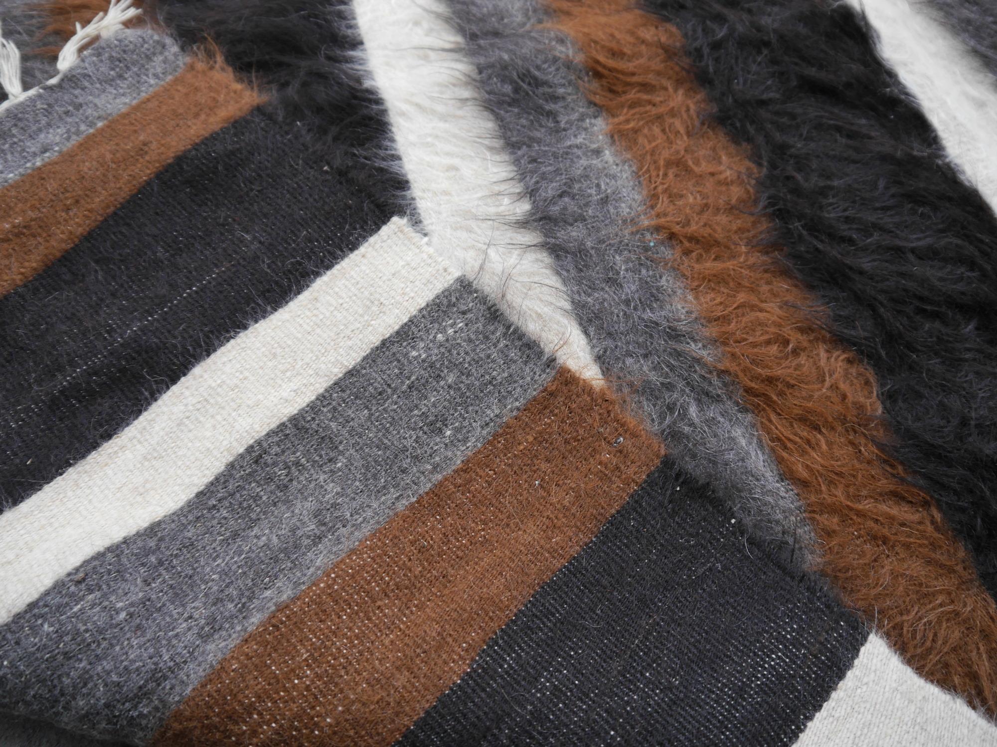 Rare Vintage Mohair Blanket Kilim Rug Turkey Beige Brown Grey Black For Sale 1