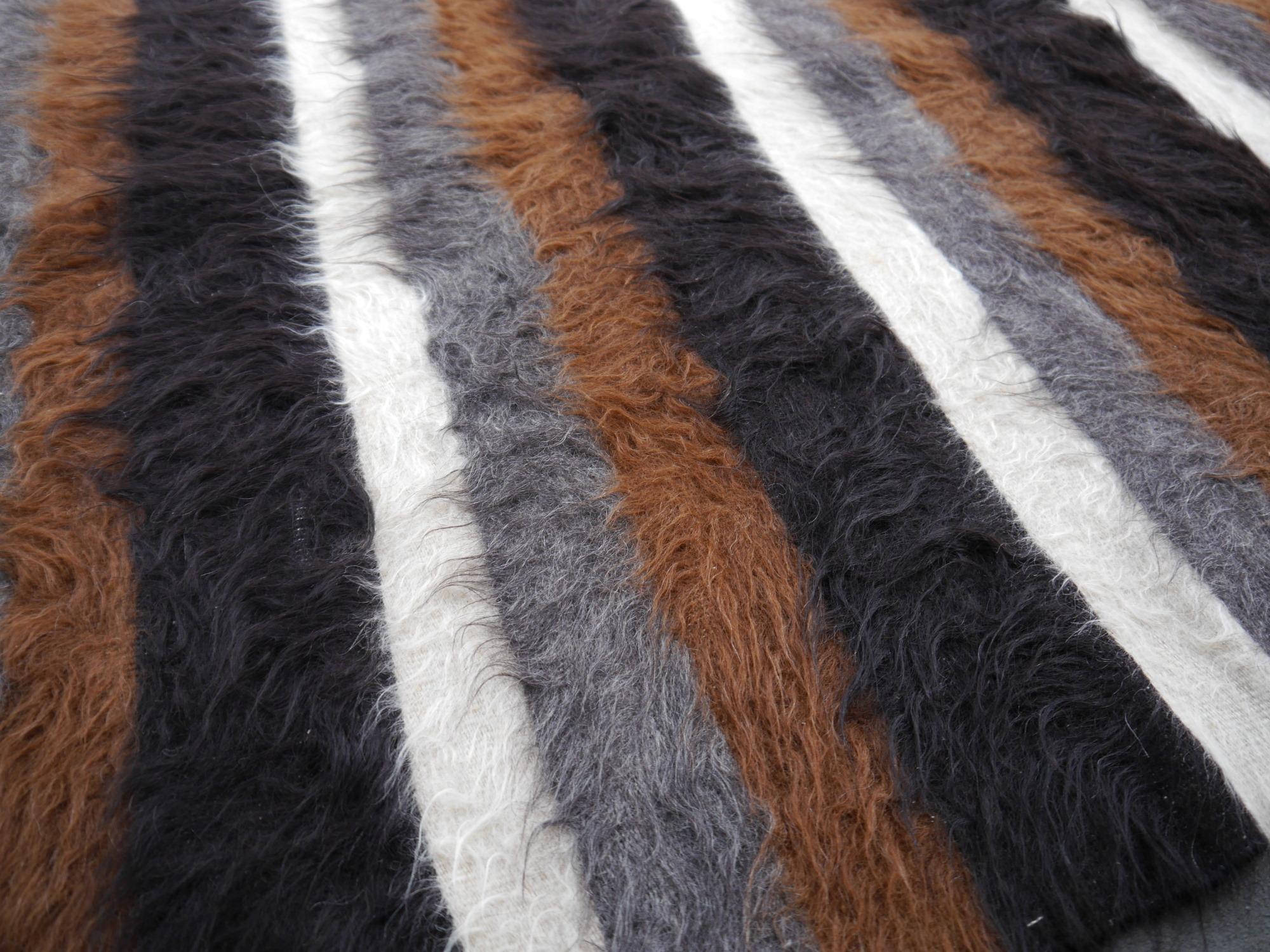 Rare Vintage Mohair Blanket Kilim Rug Turkey Beige Brown Grey Black For Sale 3