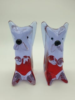 Rare Vintage Murano Glass Bookends, Lavender and Red Color Dog Pair by Cenedese