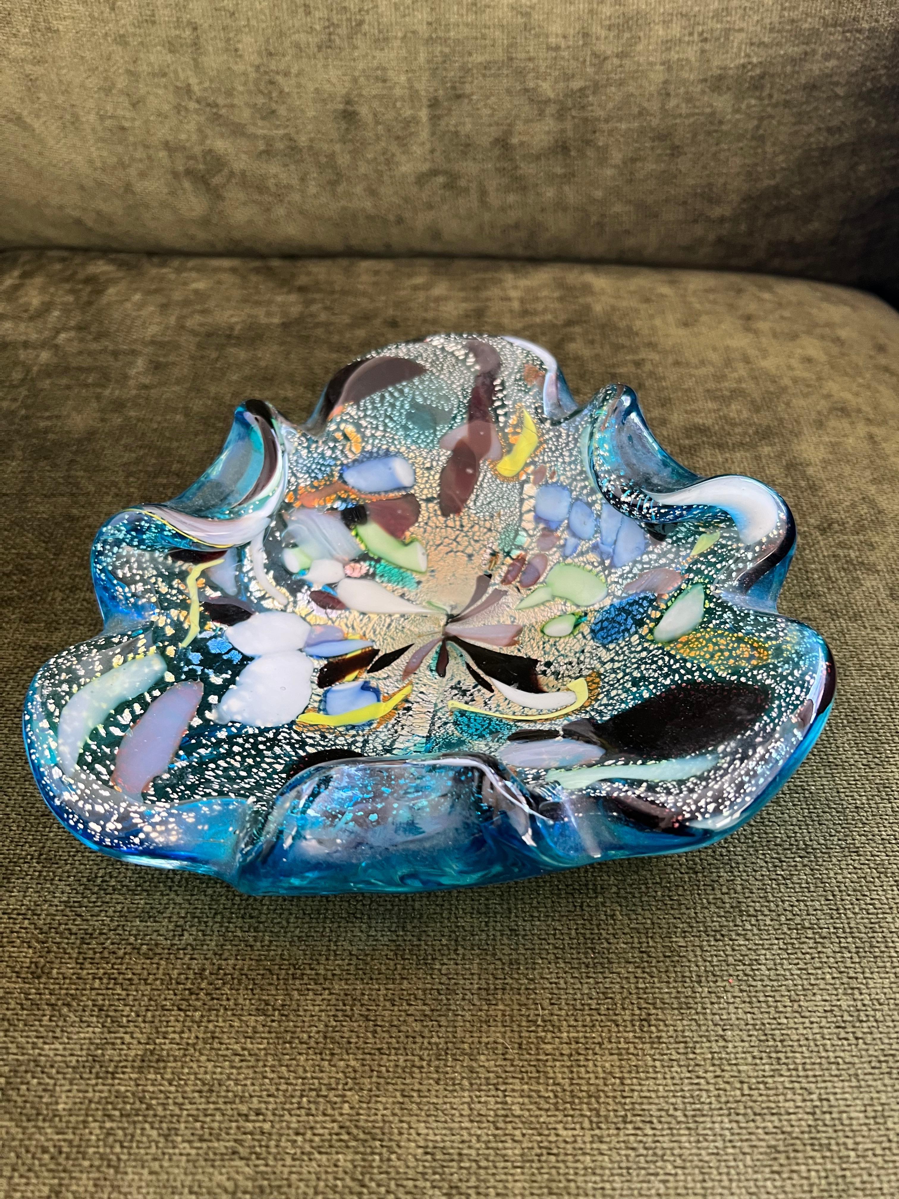 Seltene Vintage Murano Blau Gold, Tutti Frutti Glas Schale Taschentuch Schüssel Aschenbecher
