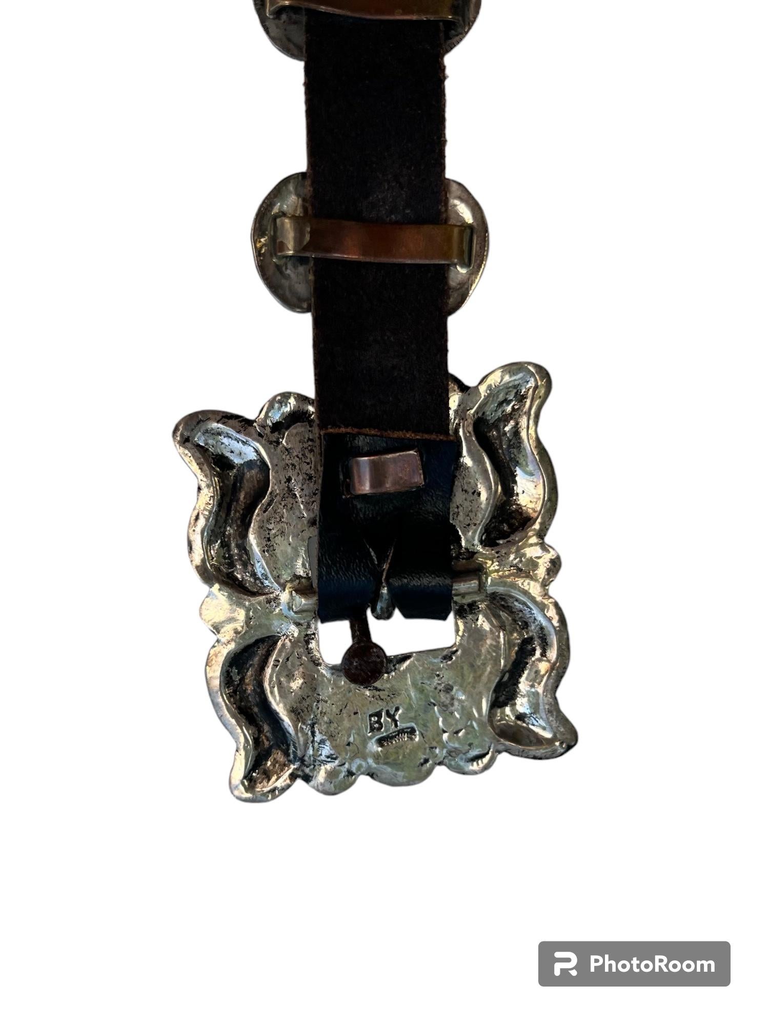 Noir RARE Ceinture Navajo Concho vintage en argent sterling et cuir turquoise en vente