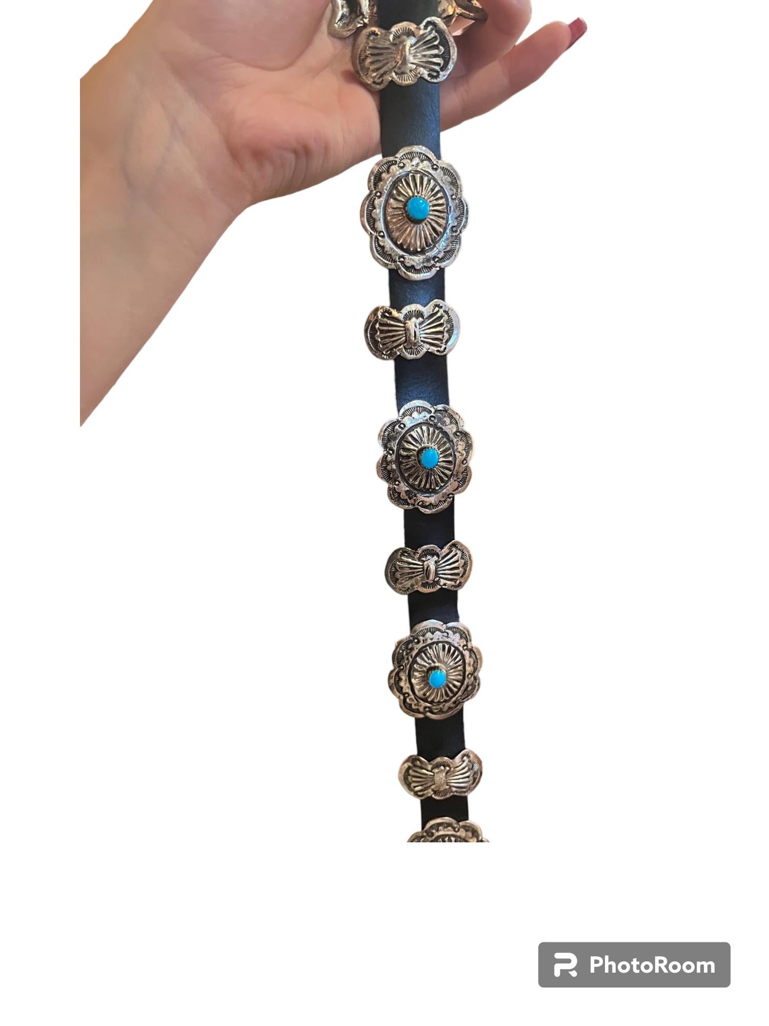RARE Ceinture Navajo Concho vintage en argent sterling et cuir turquoise Bon état - En vente à Greenport, NY