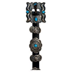 RARE Vintage Navajo Concho Sterling Silver and Turquoise Leather Belt