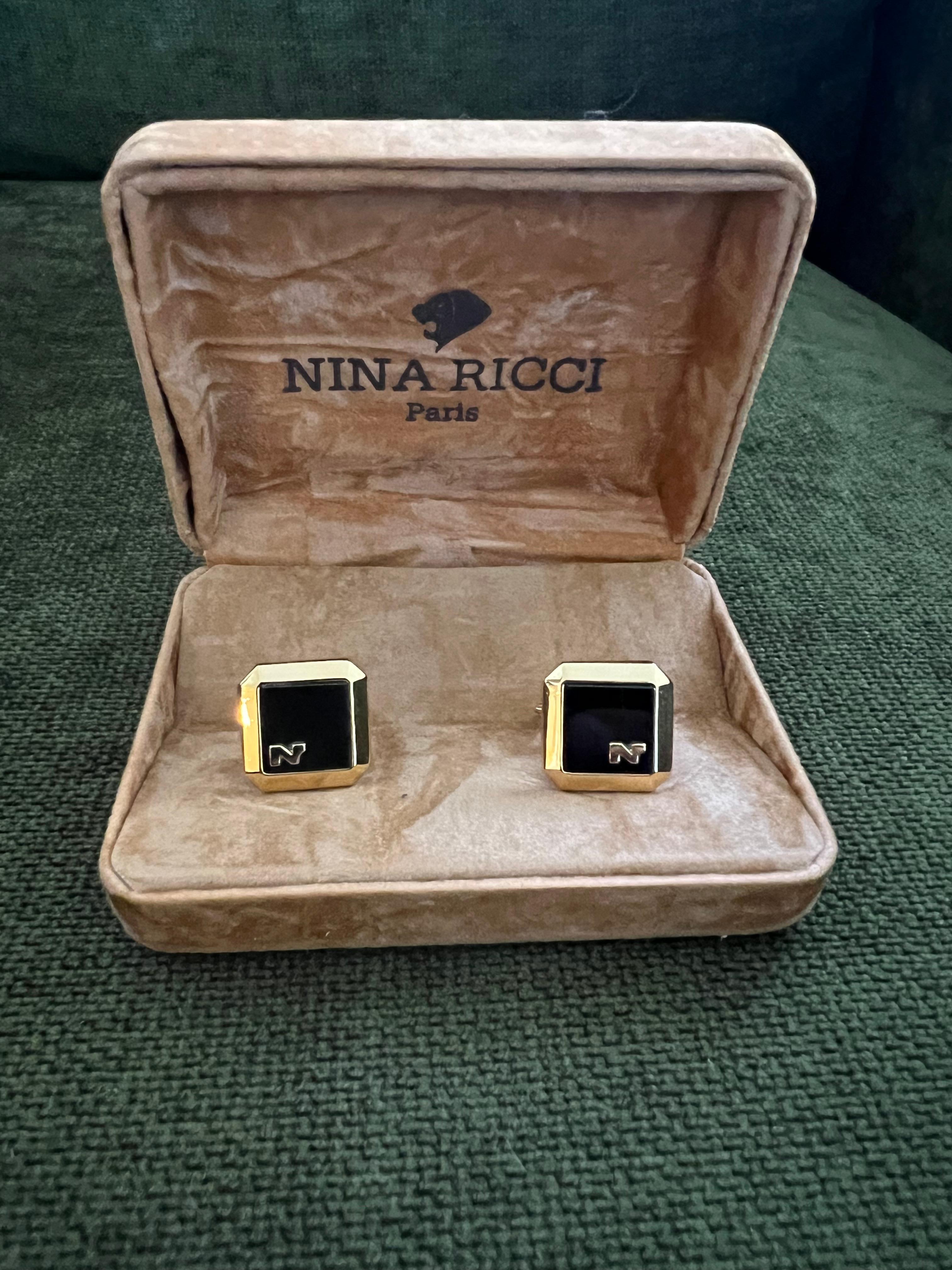 Seltene Vintage Nina Ricci Gold & Schwarz Manschettenknöpfe Logo Circa 1980 Originale Etui im Angebot 7