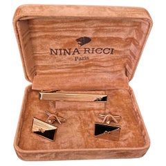 Seltene Vintage Nina Ricci Gold Plate Manschettenknöpfe & Krawattenklammer-Set 1980 Original Etui