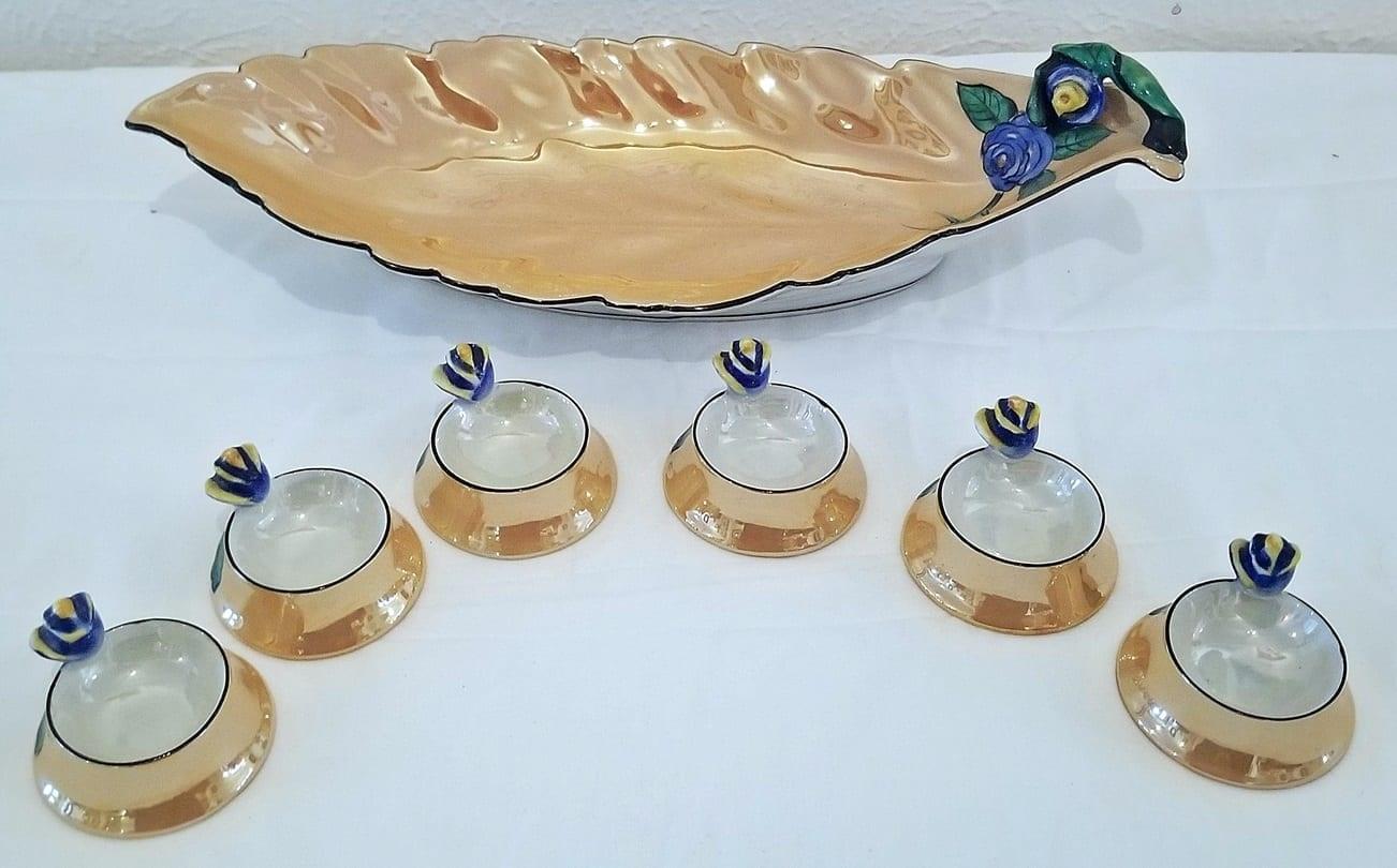 Mid-Century moderno RARO Vassoio e 6 sali di Noritake Lusterware d'epoca in vendita