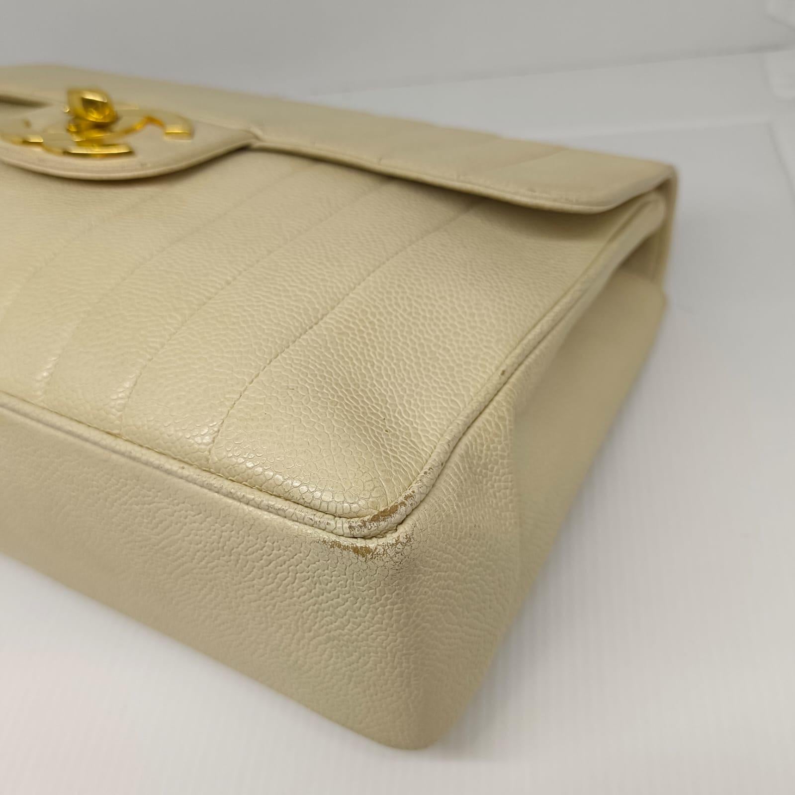 Rare Vintage Off White Caviar Vertical Quilted Jumbo Single Flap Bag For Sale 6