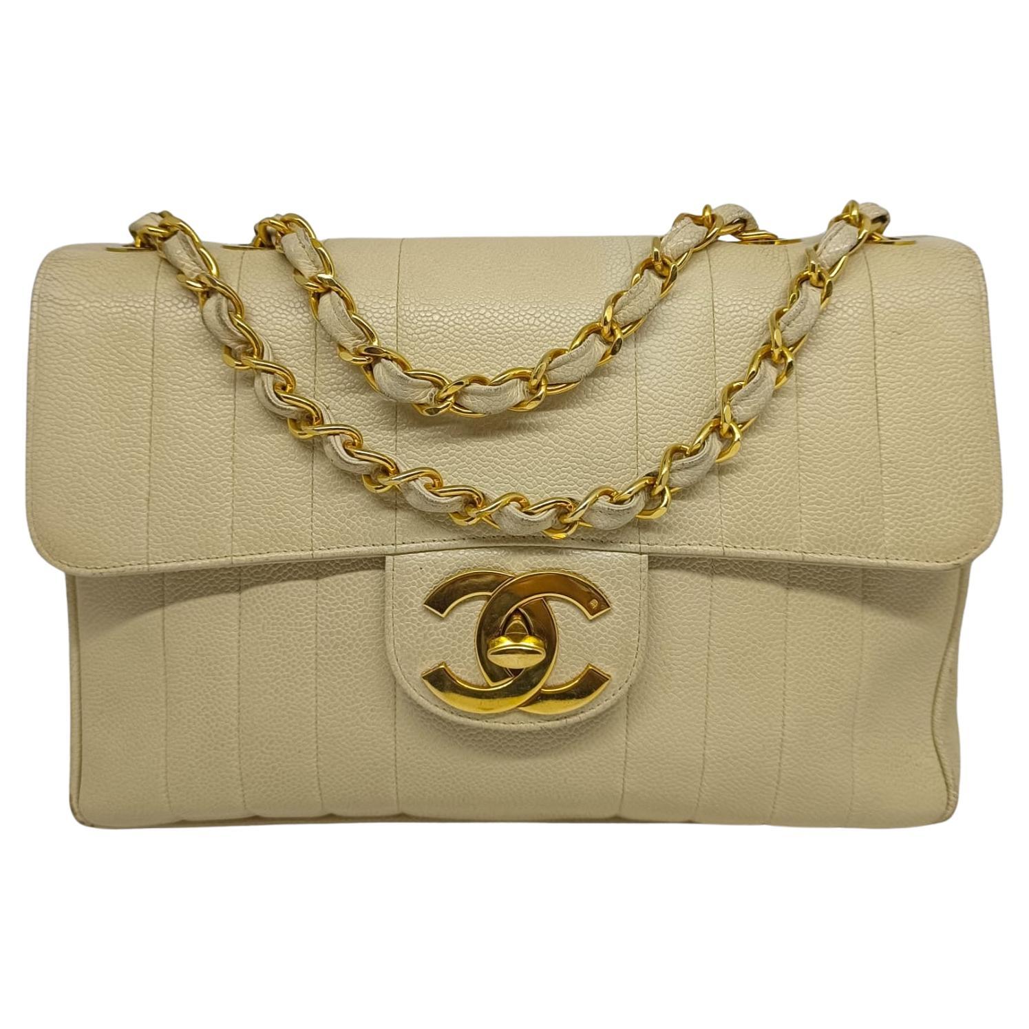 Rare Vintage Off White Caviar Vertical Quilted Jumbo Single Flap Bag For Sale