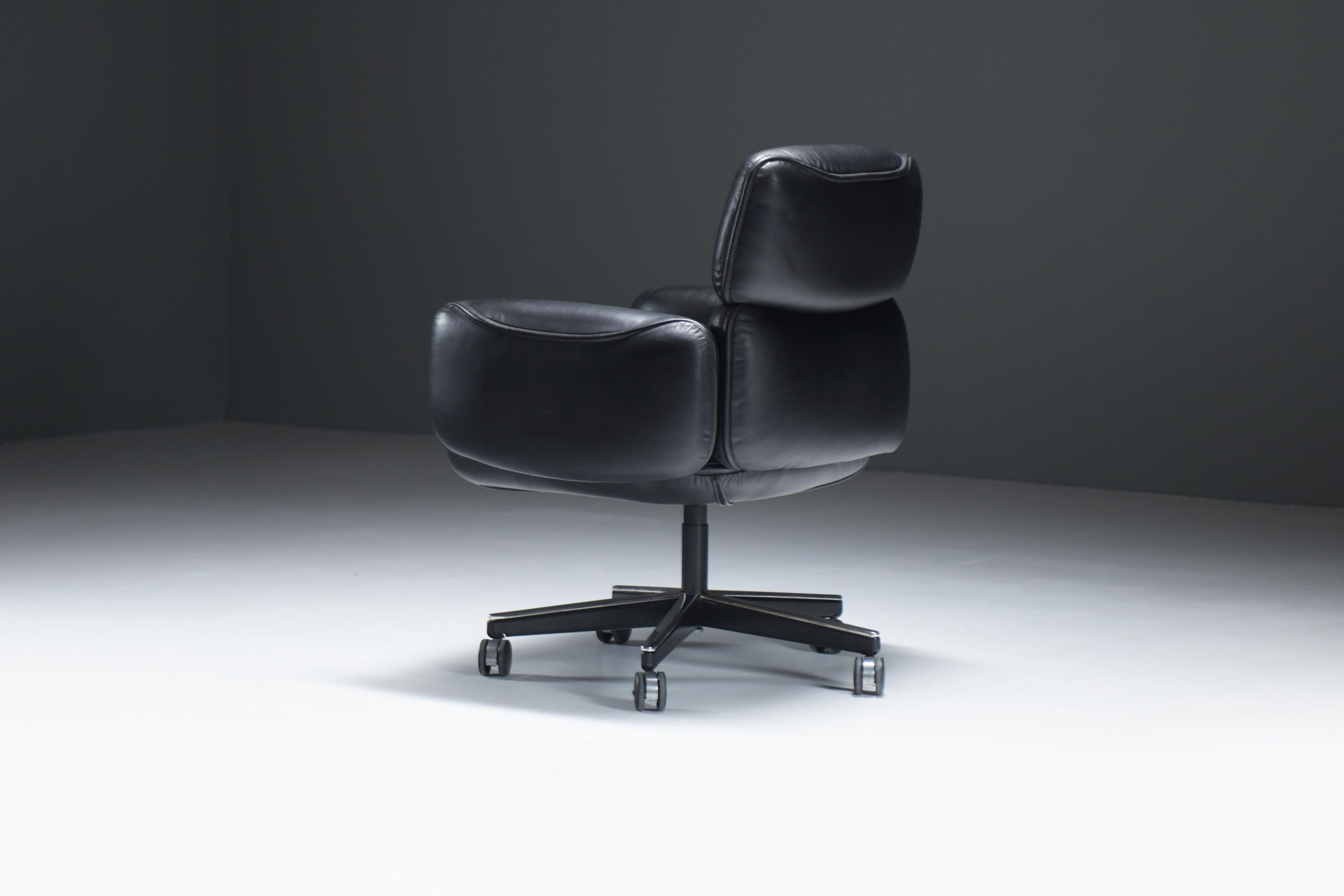 Rara silla de oficina vintage en cuero negro de Otto Zapf para Knoll international en Bueno estado para la venta en Buggenhout, Oost-Vlaanderen
