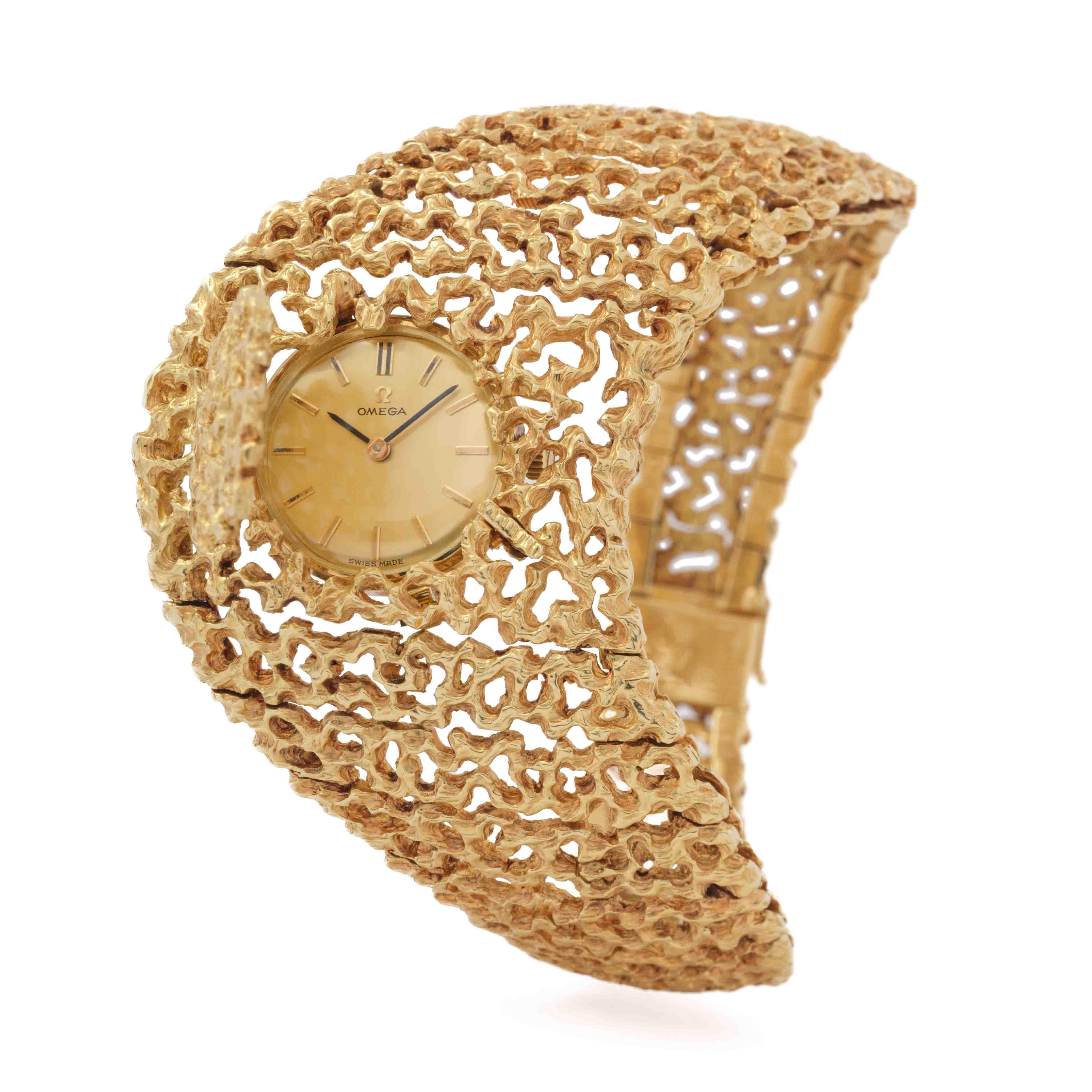 Seltene Vintage Omega x Gilbert Albert Frisson D'or Model 7148 14 Karat Uhr im Zustand „Gut“ im Angebot in New York, NY