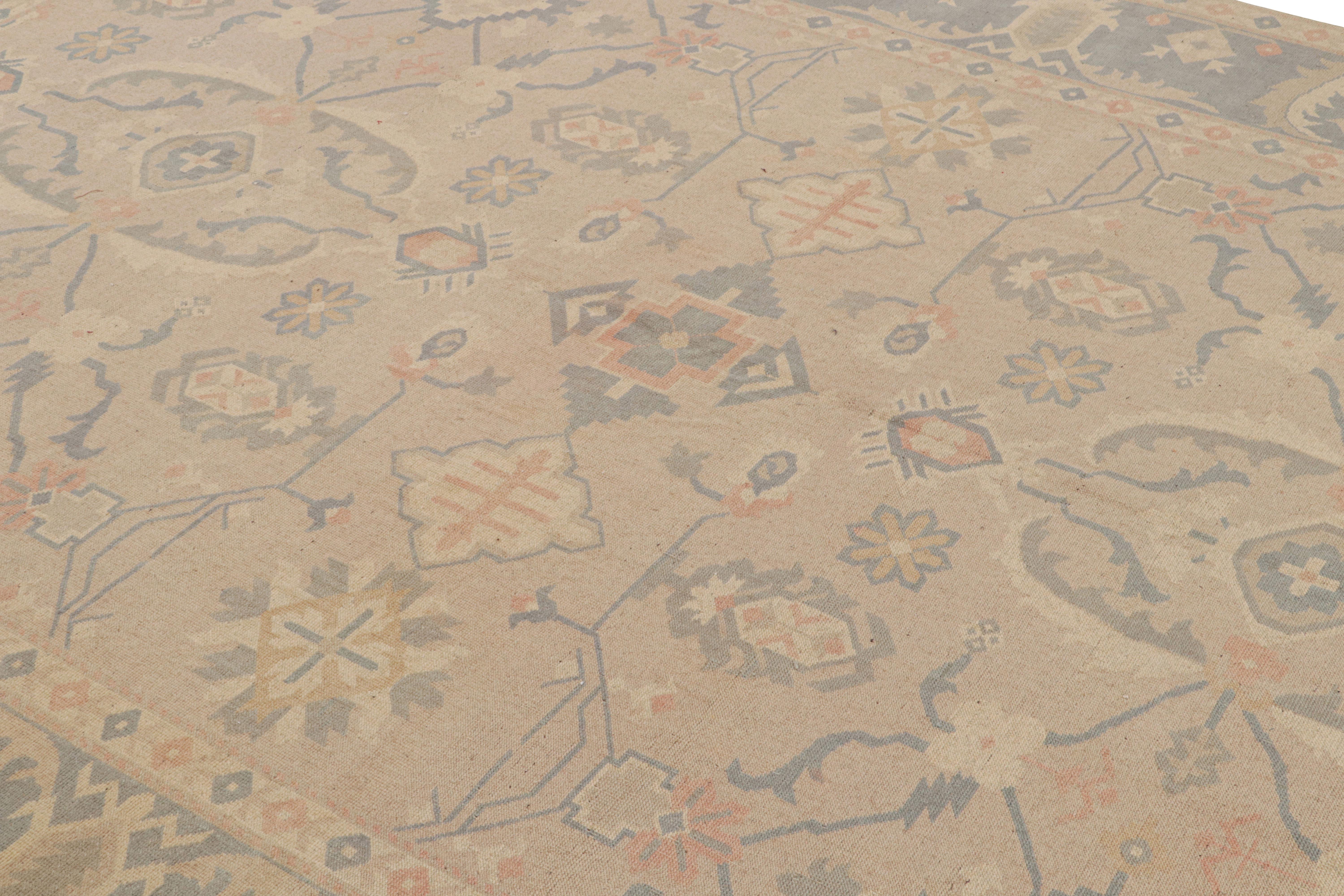 Hand knotted in wool from Romania circa 1950-1960, an 8x11 vintage mid-century Oushak rug. Thriving in pristine condition, this rare Romanian European piece makes an institutional take on Oushak sensibilities. The rug witnesses an all over floral