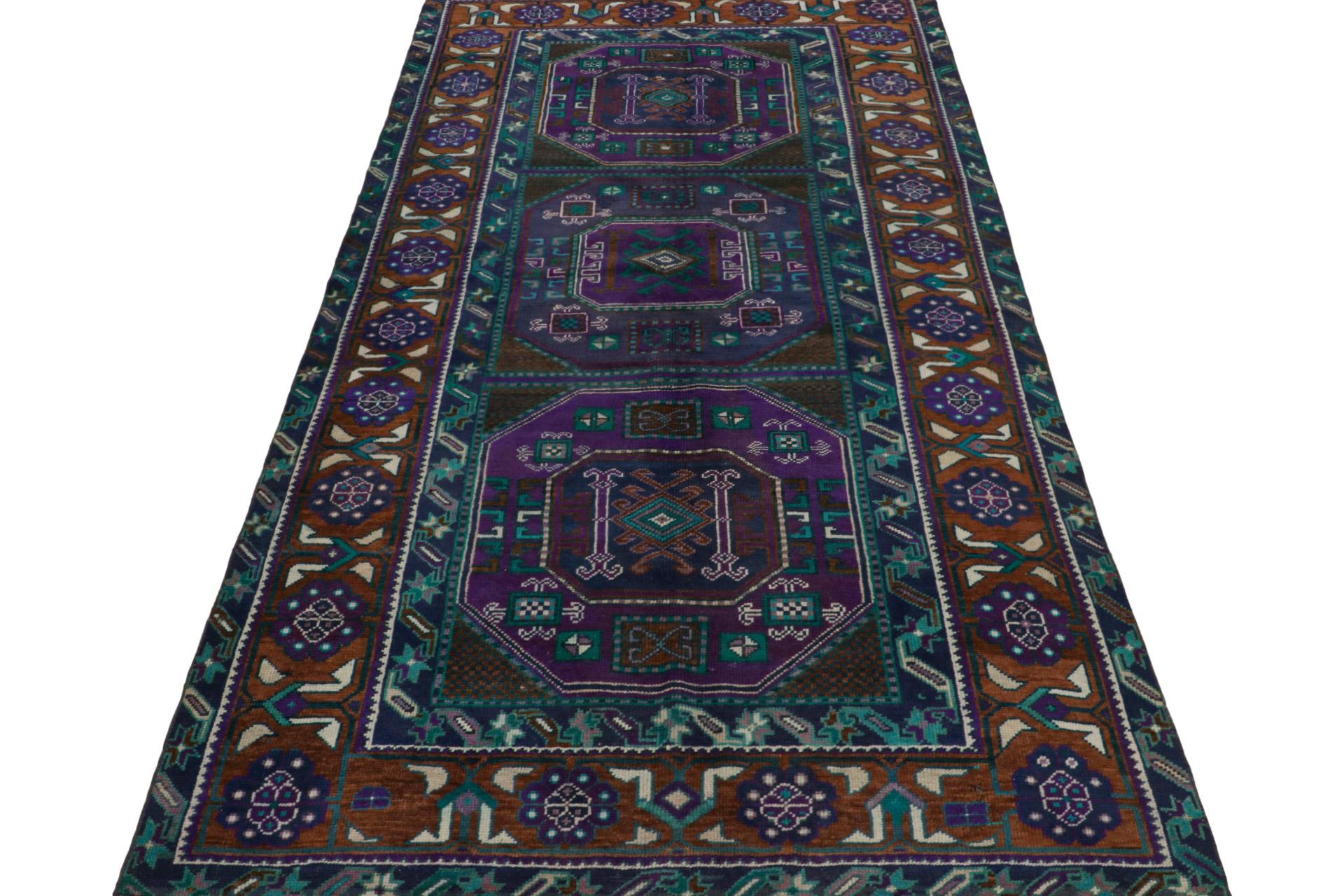 Tribal Rare Vintage Oushak Runner Rug in Teal, with Geometric Pattern from Rug & Kilim For Sale