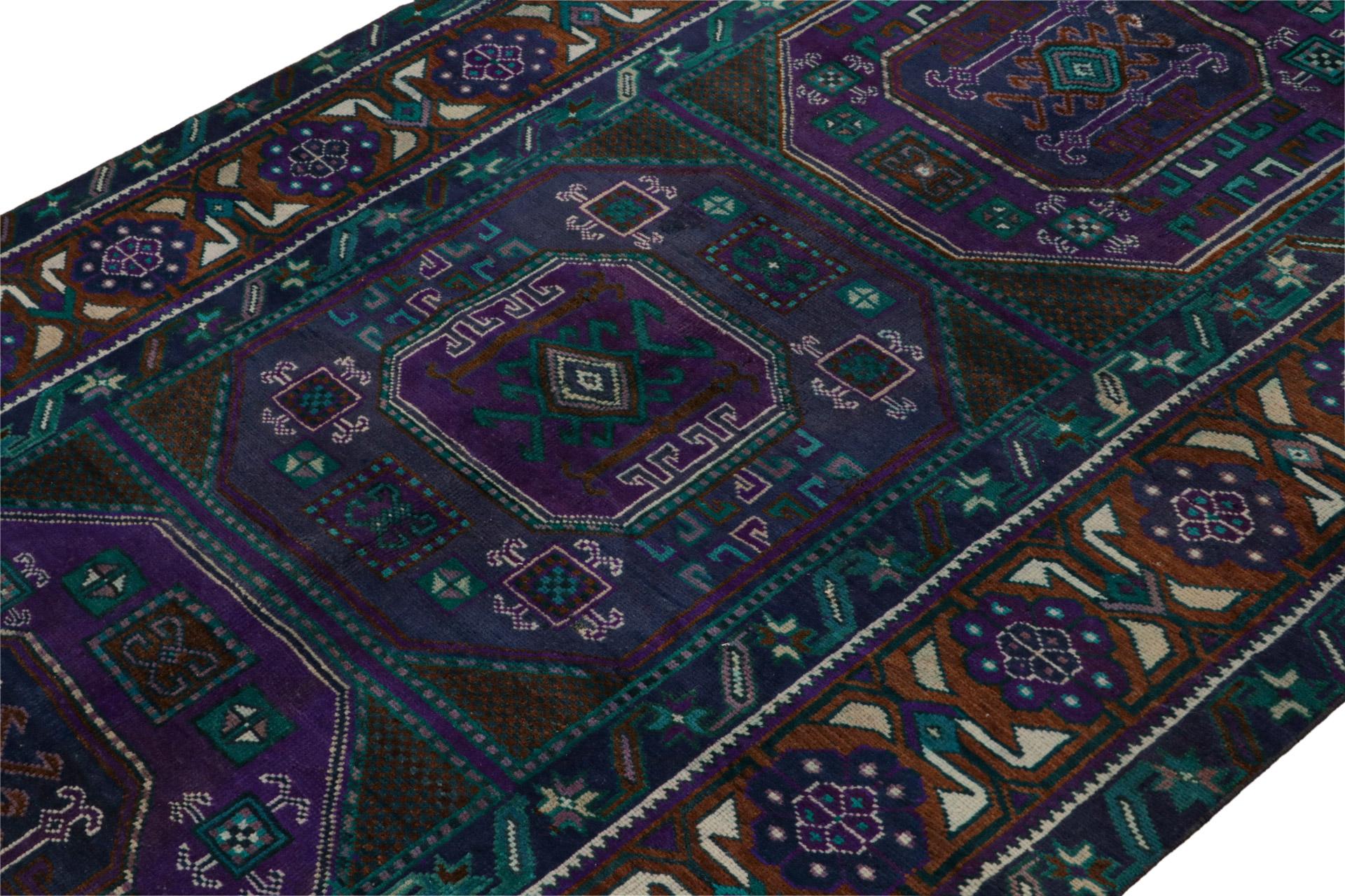 Turkish Rare Vintage Oushak Runner Rug in Teal, with Geometric Pattern from Rug & Kilim For Sale