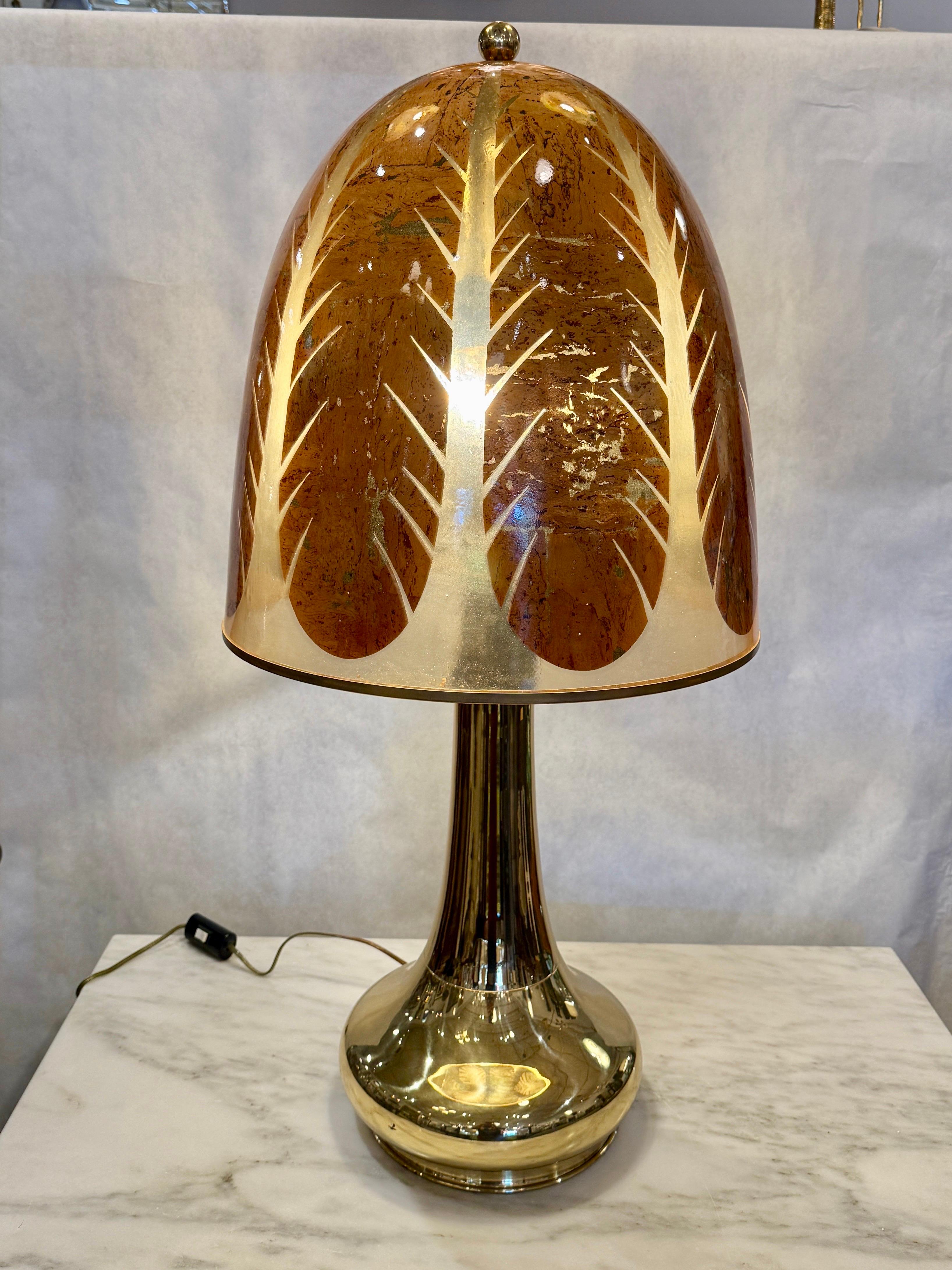 Exquisite Dome Shaped Resin and Tobacco Leaf Lamp Shade with Brass Trim over Brass Lamp Base. Often attributed to Gabriella Crespi.  Original wiring in working condition - 3 sockets with Edison style bulbs.
