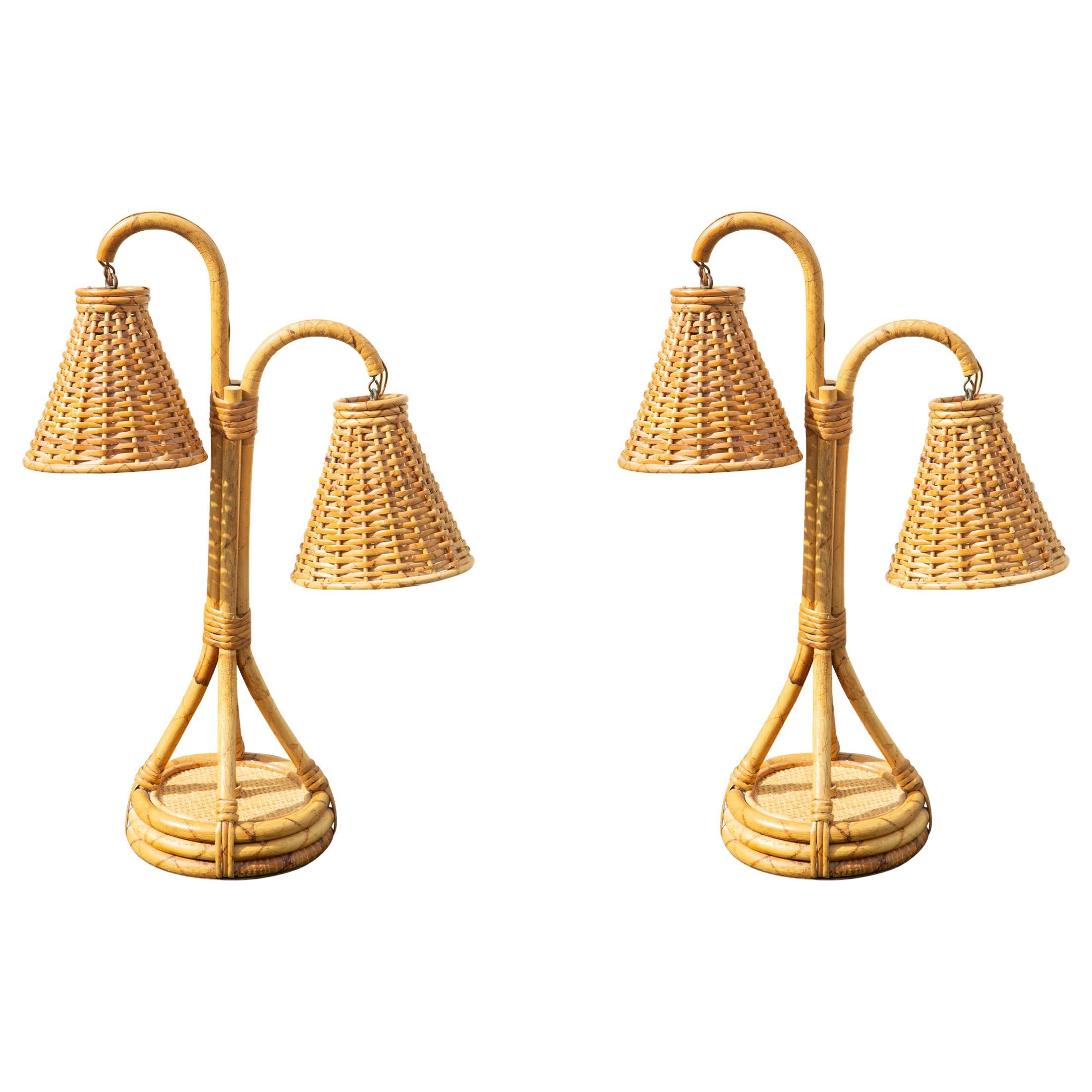 Rare Vintage Pair of Bamboo and Rattan Table Lamp