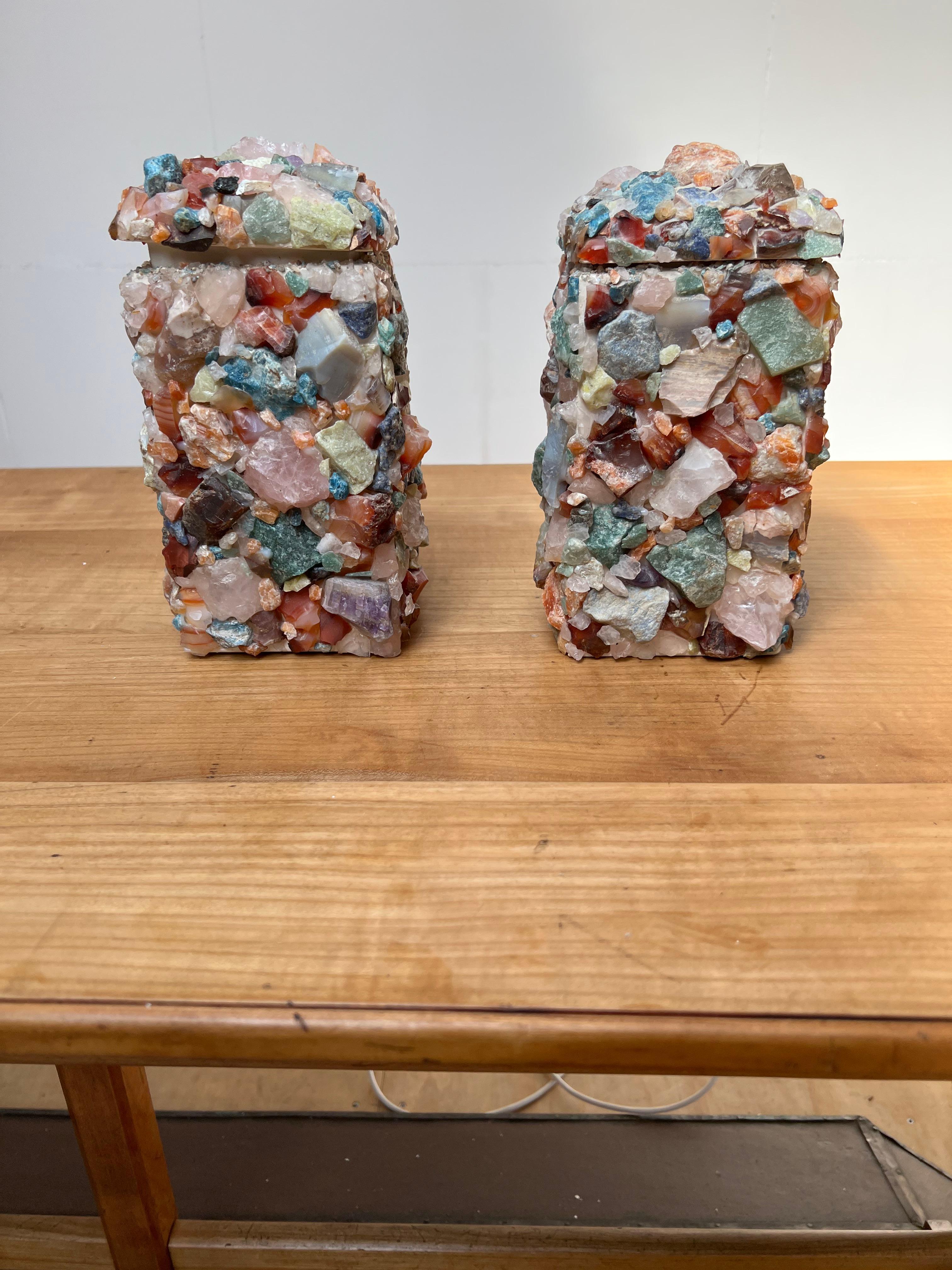 Rare Vintage Pair of Mid-Century Modern Colorful Agate Mineral Stone Table Lamps For Sale 7