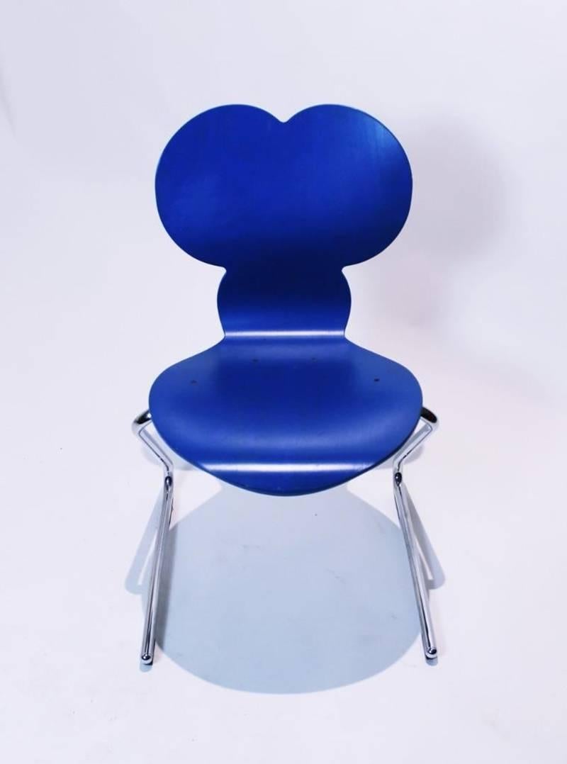 Stunning Pantoflex Mickey Mouse chair. Designed by Verner Panton for VS Möbel
 Maufacured in Germany, 1994 .Made of molded plywood and a blue lacquer finish.
 No longer in production.