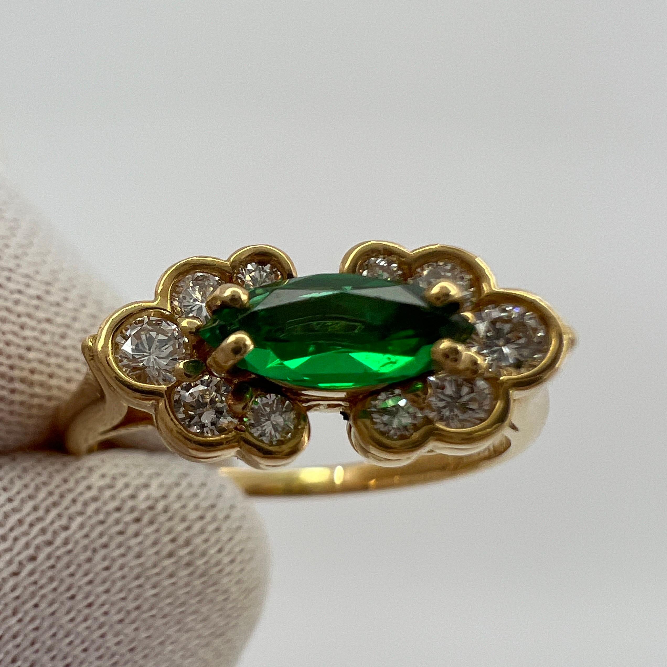 Rare Vintage PIAGET Emerald & Diamond 18k Yellow Gold Marquise Cluster Ring.

Stunning yellow gold PIAGET ring set with a beautiful 7.2x3.1mm marquise cut centre emerald with a fine vivid green colour, very good cut and excellent clarity. Some small