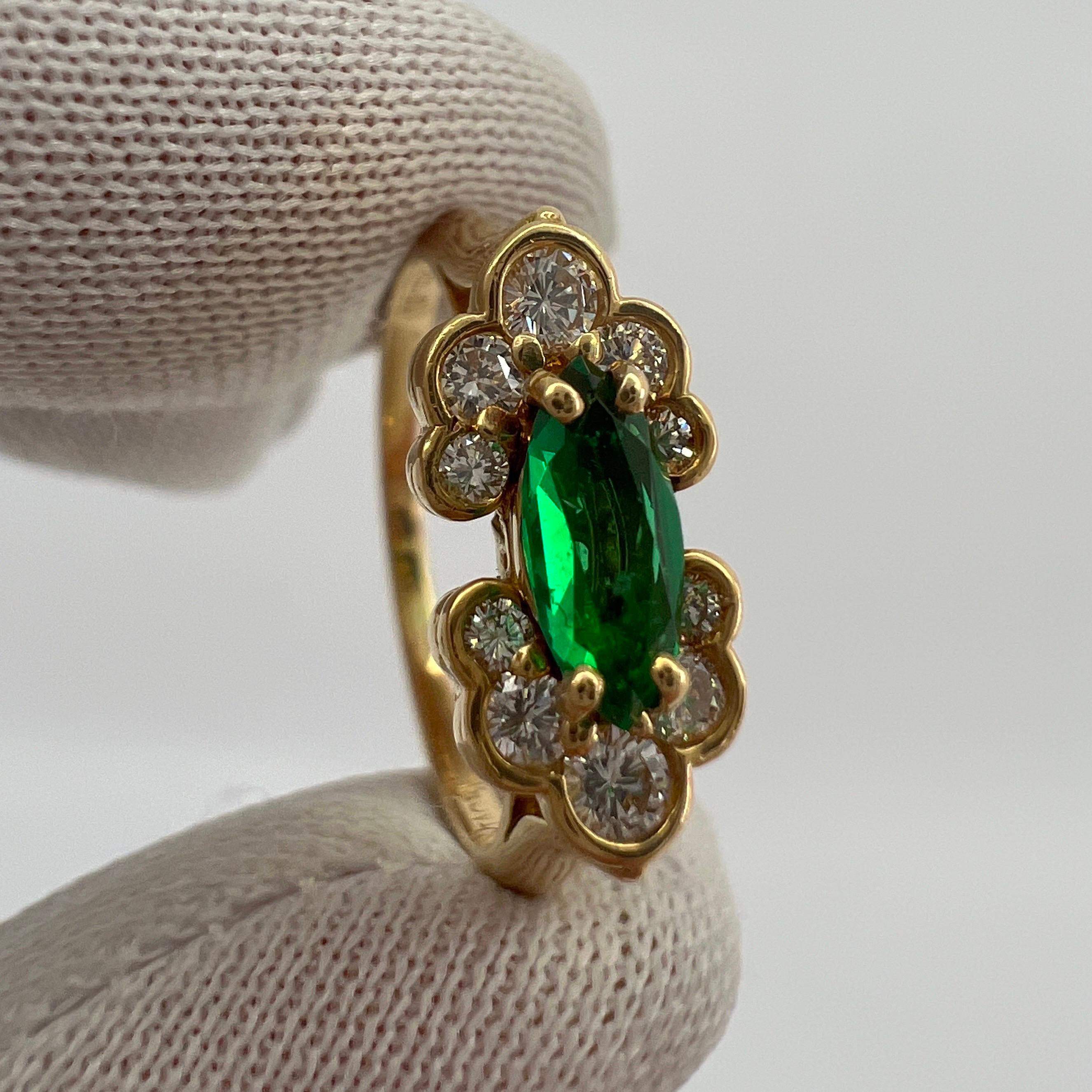 Rare Vintage Piaget Emerald & Diamond 18k Yellow Gold Marquise Cut Cluster Ring In Good Condition In Birmingham, GB