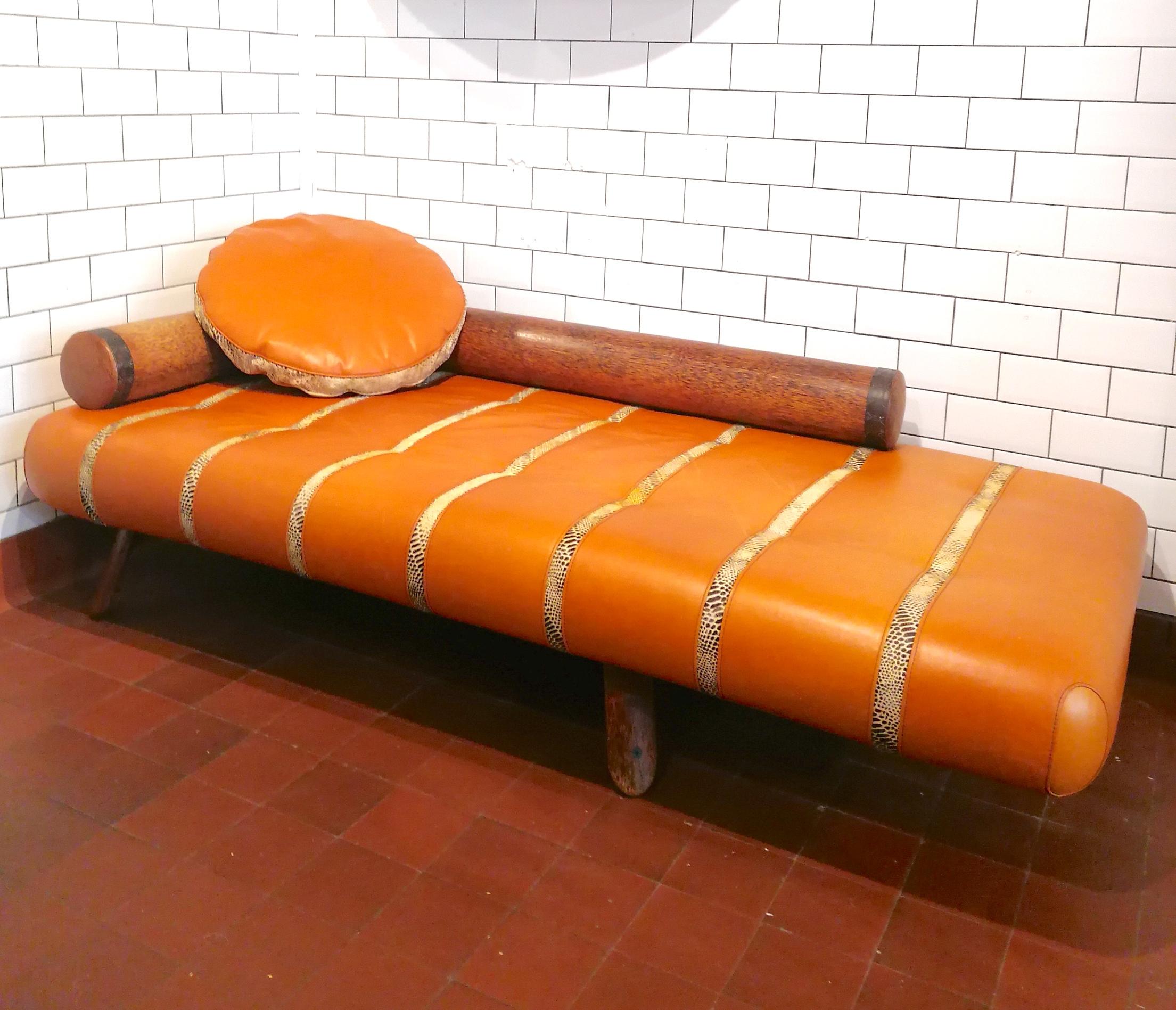 Bohemian Rare vintage postmodern leather & palmwood daybed by Pacific Green, c1990s For Sale