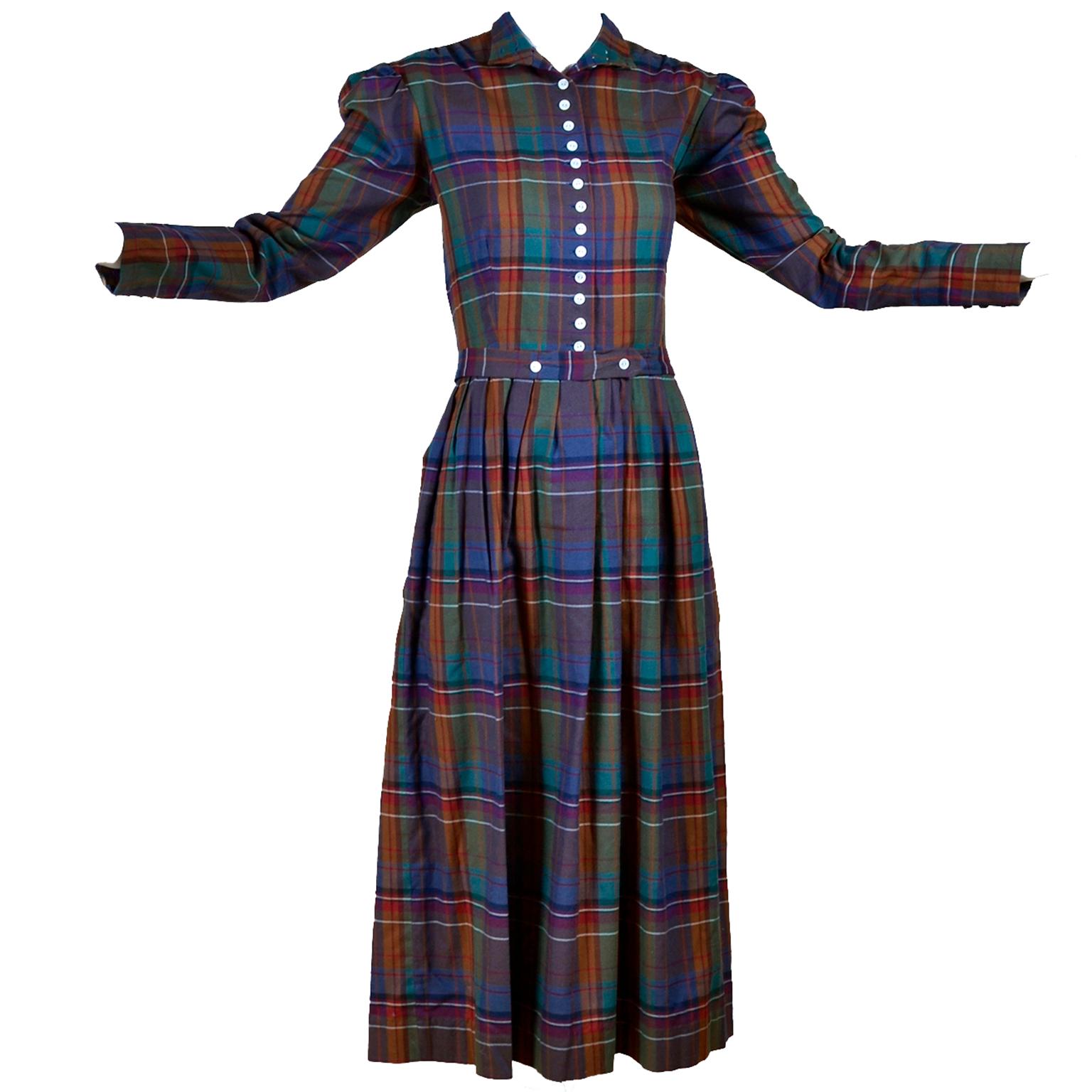 Rare Vintage Ralph Lauren 1980s High Neck Plaid Prairie Style Dress Size 8 For Sale