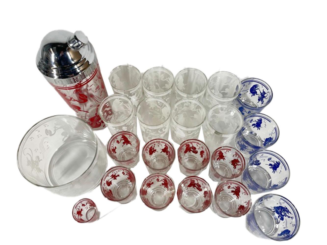 Vintage Hazel Atlas musical pigs cocktail set, usually executed in pink, this set was issued with each piece decorated in either red, white or blue. Decorated with pigs playing musical instruments and dancing, this set with its enamel bright and