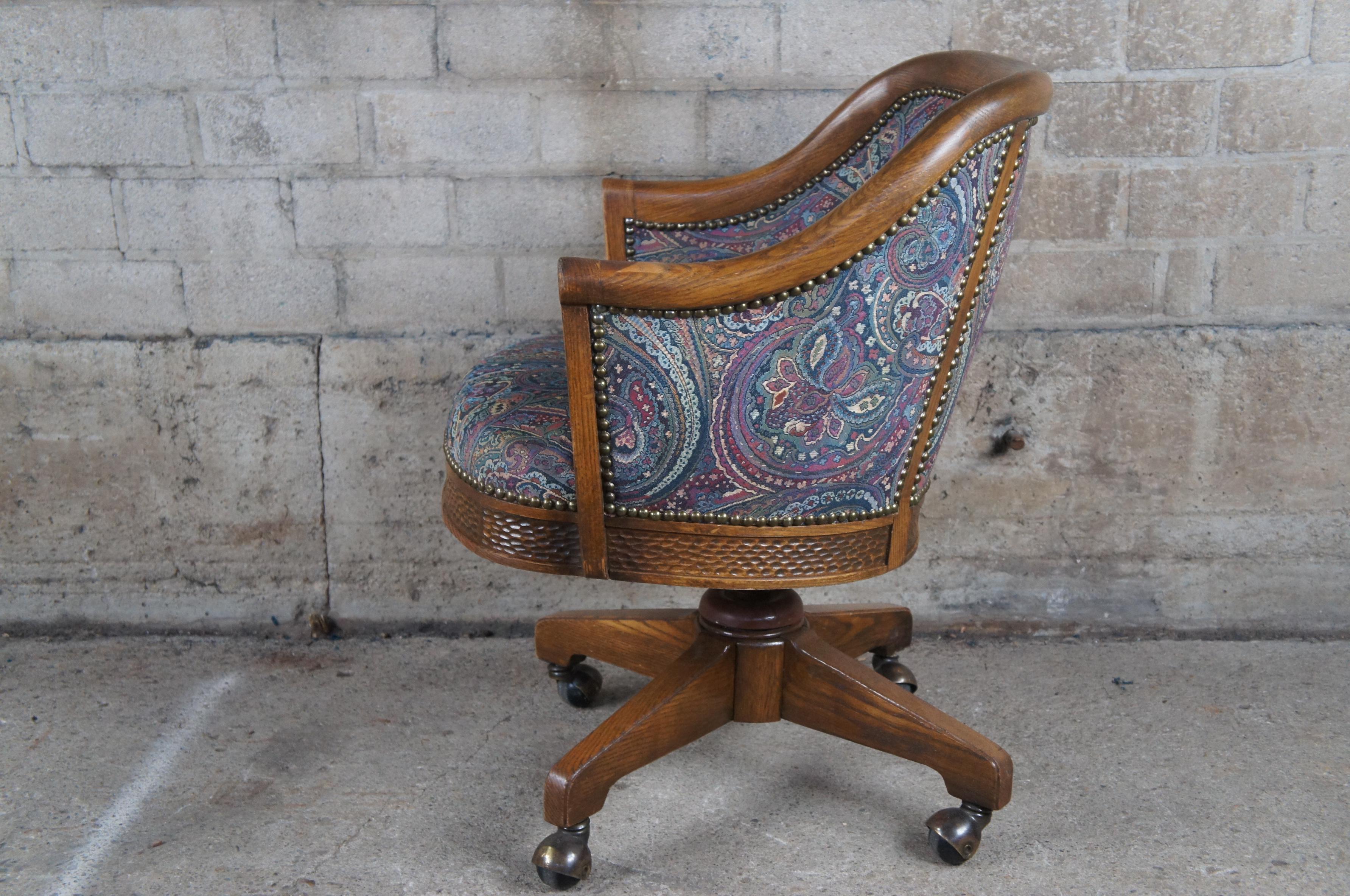 Rare Vintage Romweber Viking Oak Barrel Back Swivel Desk Chair Paisley Fabric 2