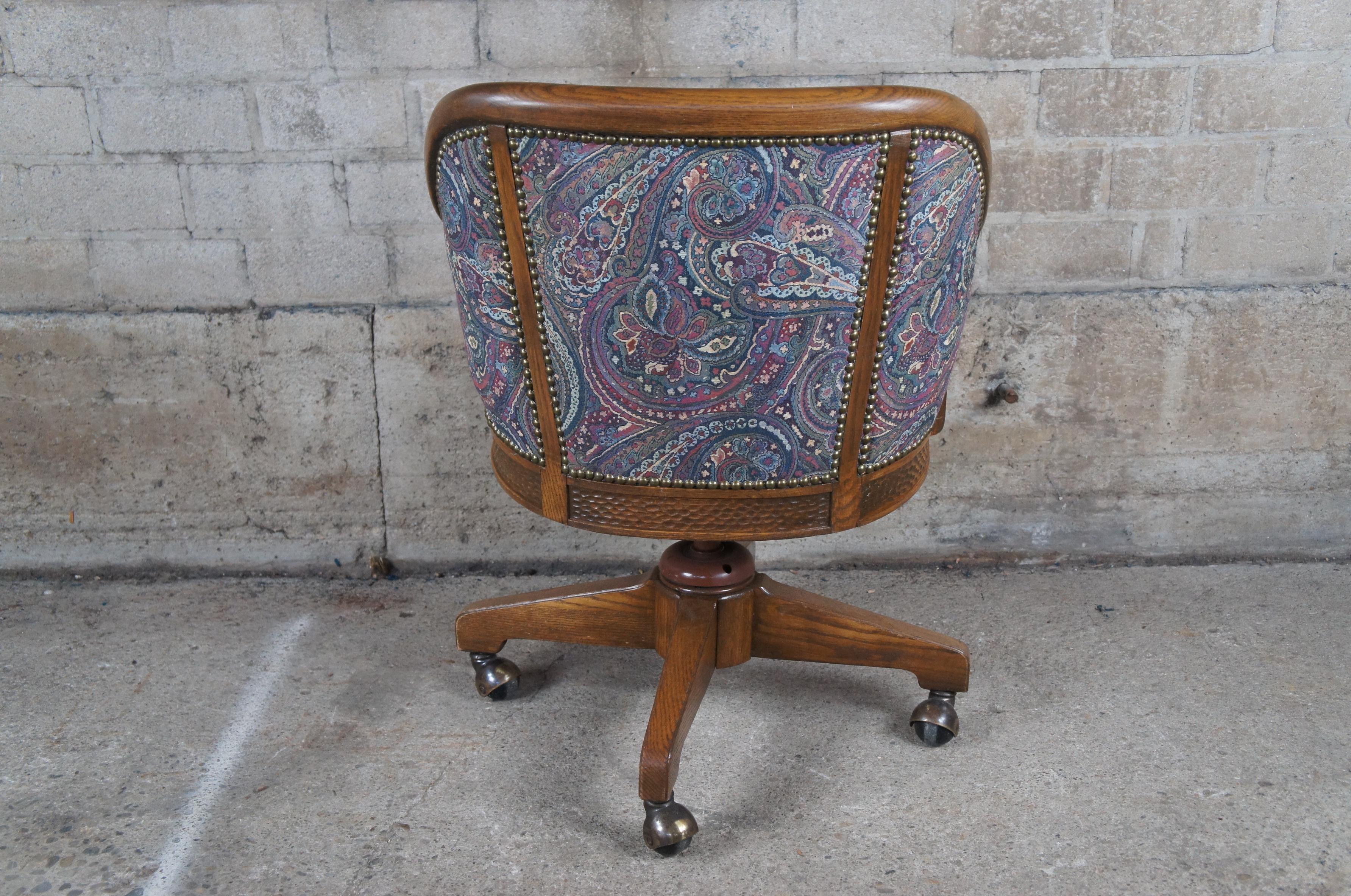 Rare Vintage Romweber Viking Oak Barrel Back Swivel Desk Chair Paisley Fabric 1