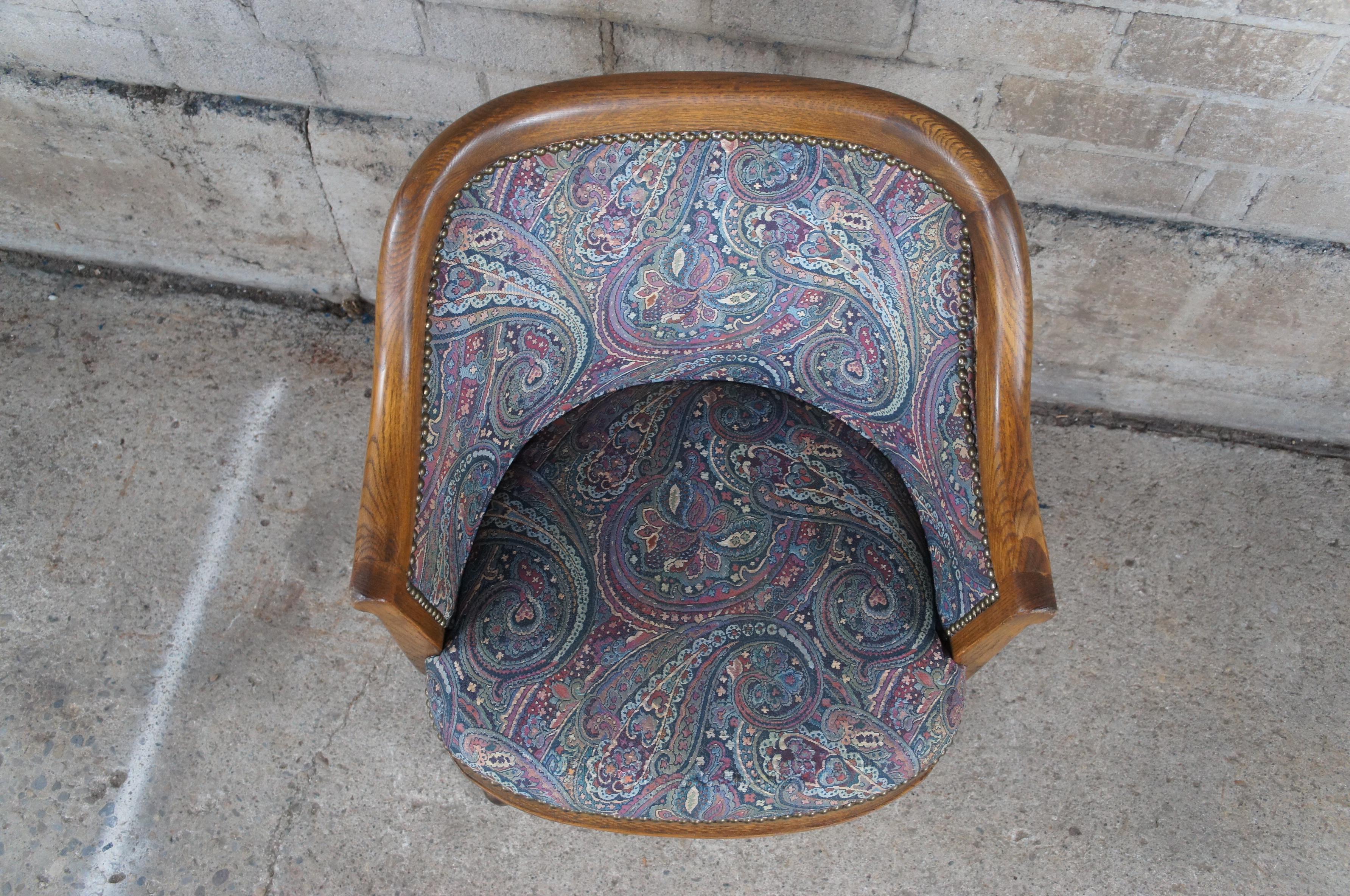 Mid-Century Modern Rare Vintage Romweber Viking Oak Barrel Back Swivel Desk Chair Paisley Fabric