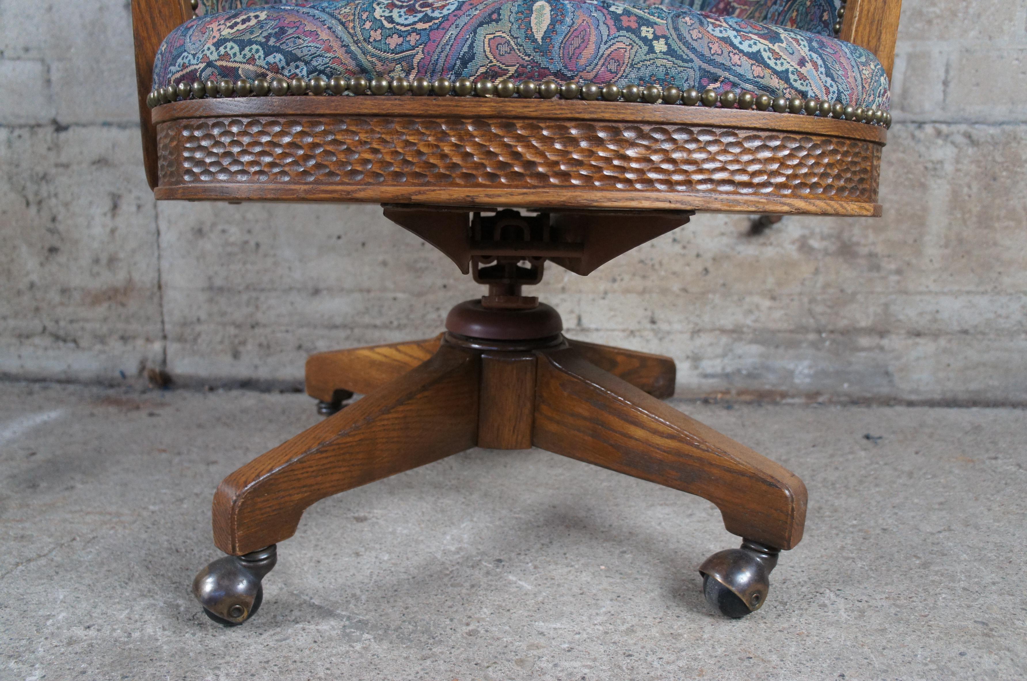 American Rare Vintage Romweber Viking Oak Barrel Back Swivel Desk Chair Paisley Fabric