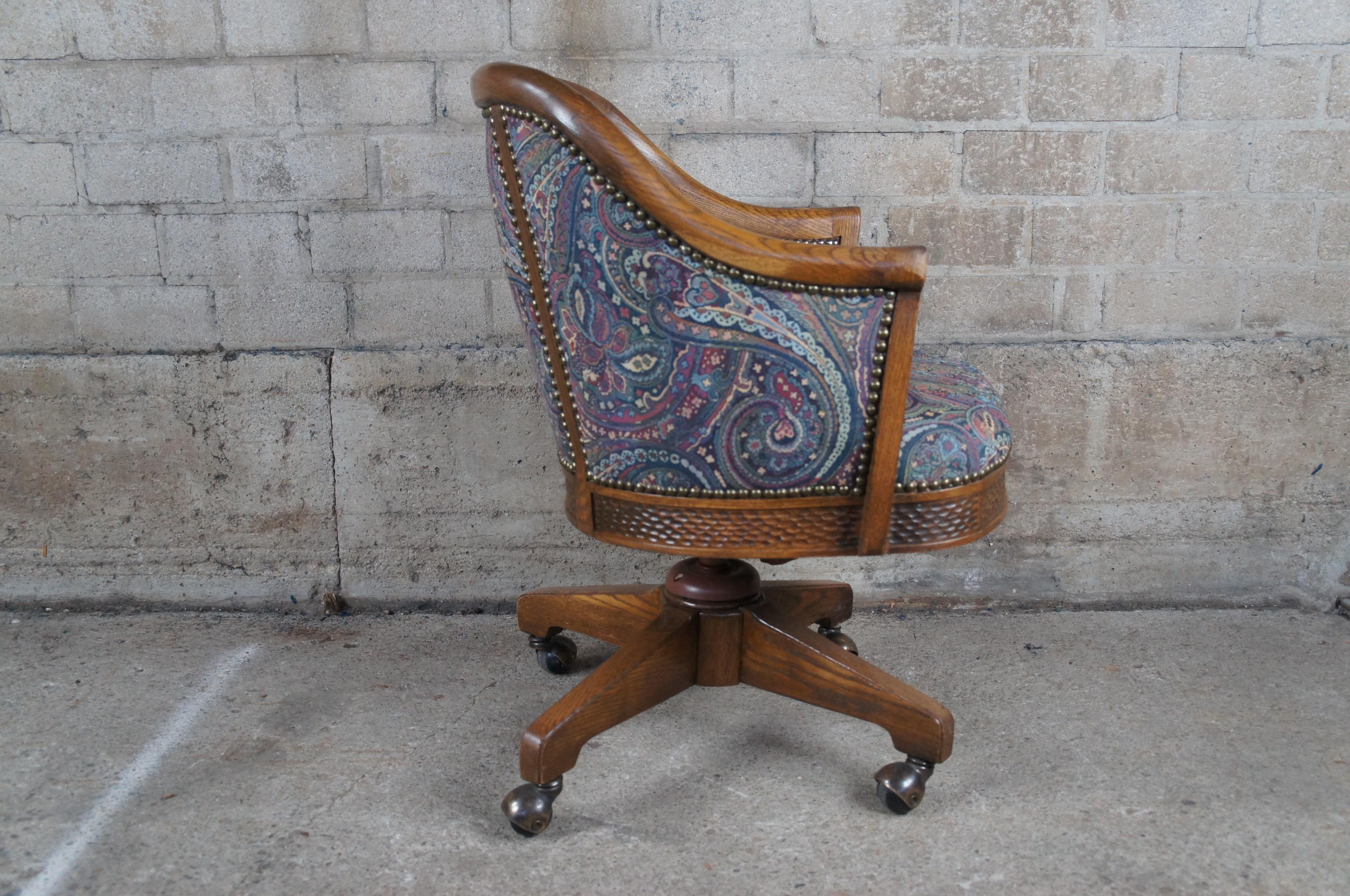 Brass Rare Vintage Romweber Viking Oak Barrel Back Swivel Desk Chair Paisley Fabric