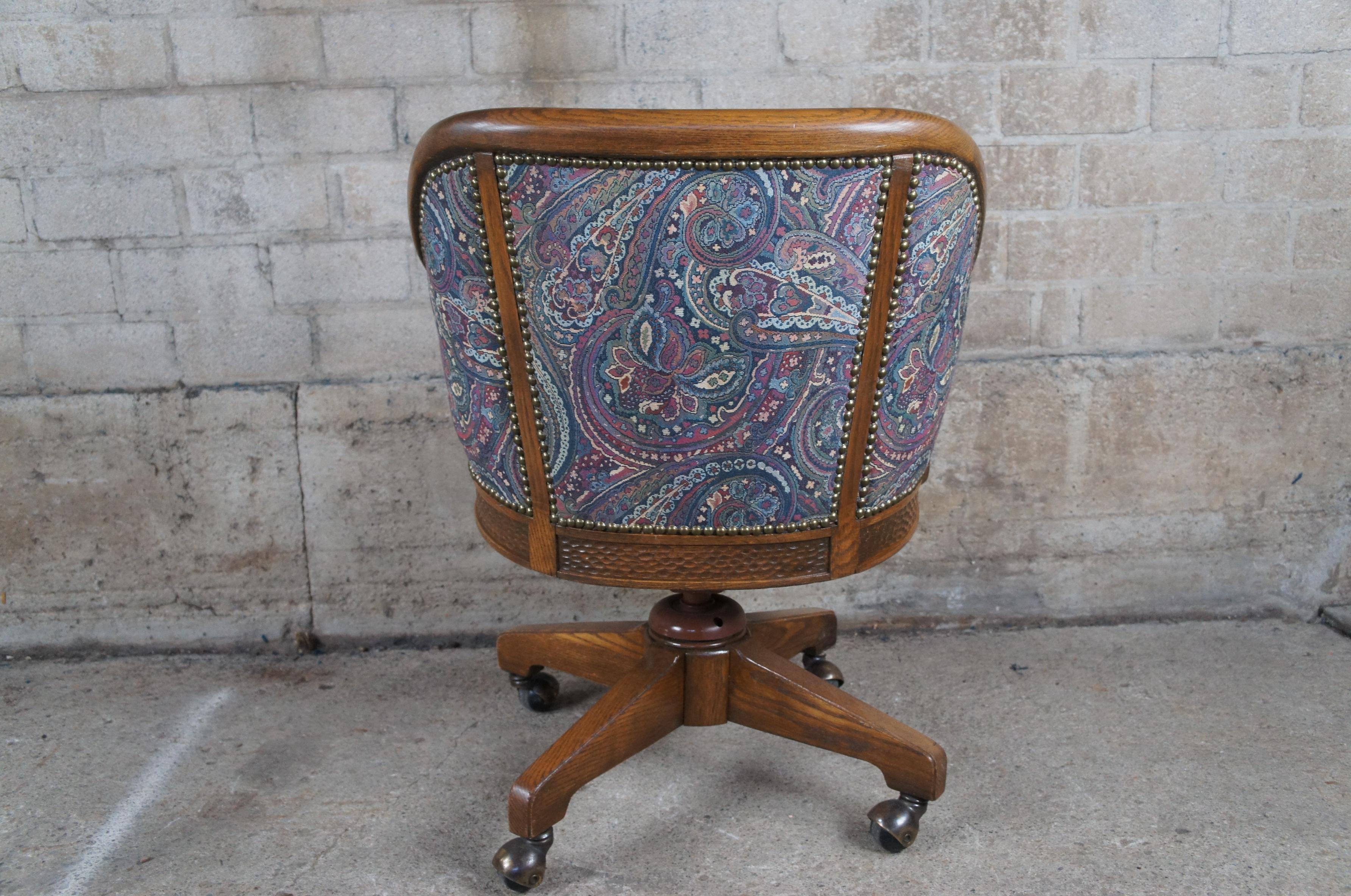 Rare Vintage Romweber Viking Oak Barrel Back Swivel Desk Chair Paisley Fabric 1