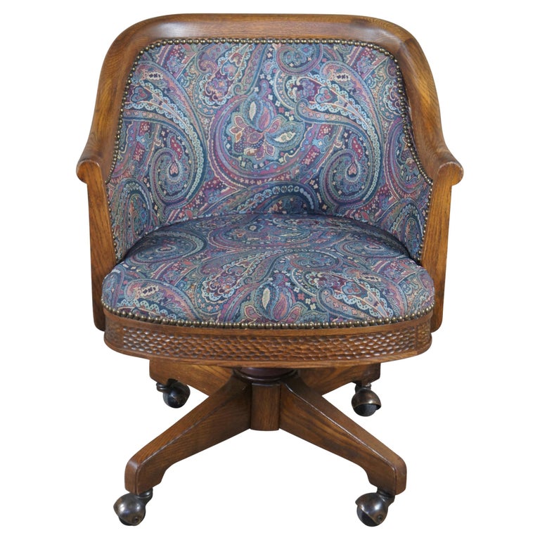 Rare Vintage Romweber Viking Oak Barrel Back Swivel Desk Chair Paisley